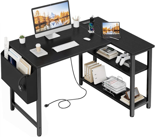 Lufeiya Small L Shaped Desk with Power Outlet Shelves, 40 Inch Corner Computer Desk for Small Space Home Office, L-Shaped Gaming Desk PC Desks with Charging Station, Black