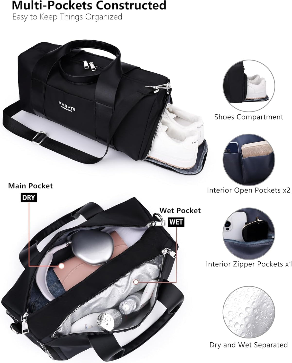 16" Gym Bag for Women,with Shoes Compartment and Waterproof Pocket(Black)