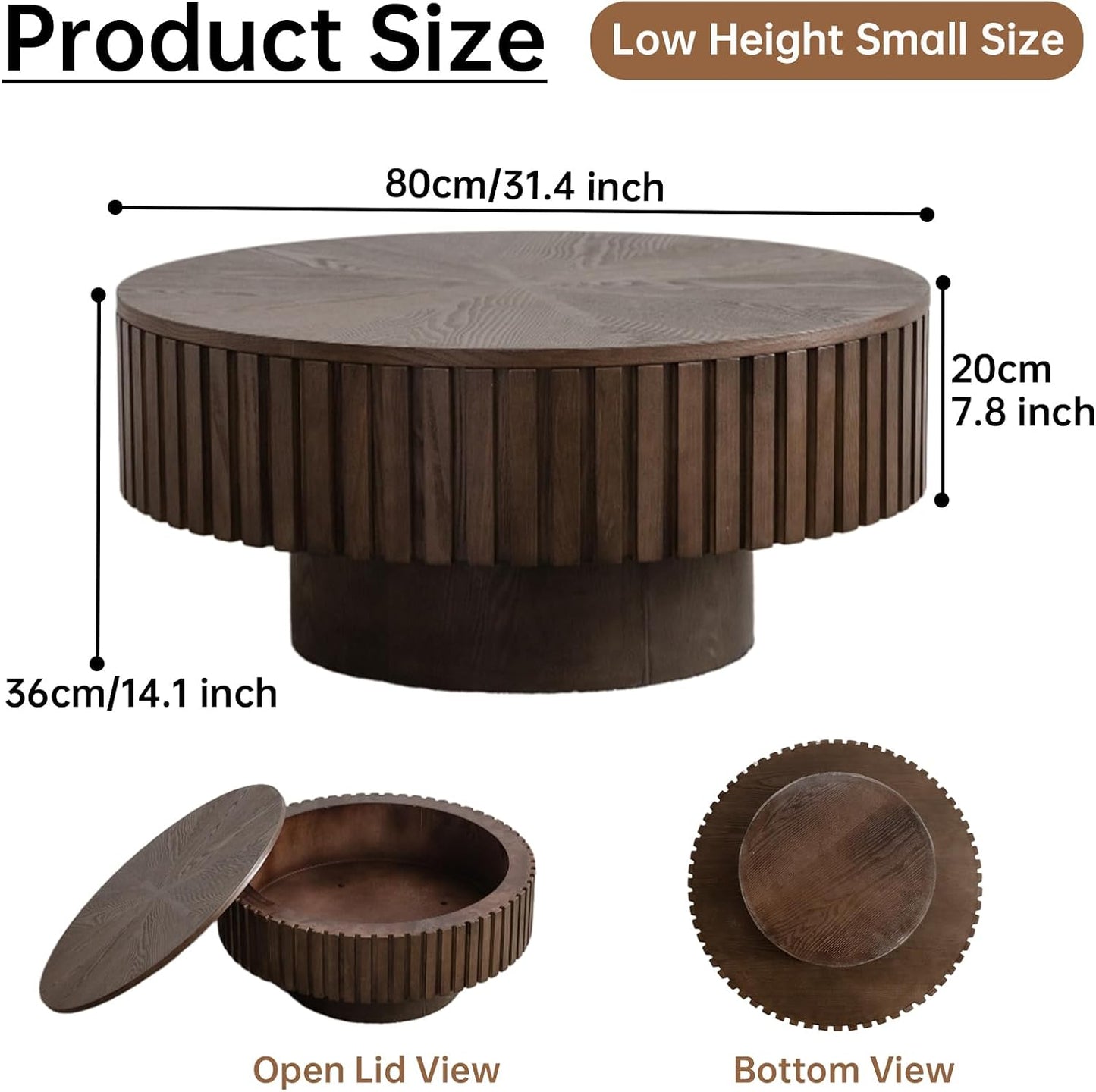 31" Brown Round Coffee Table with Storage (G, 1PC) | For Living Room, Circle Drum Wood Fluted Coffee Table with Flip-Top Lid, Farmhouse Modern, For Small Spaces, Easy Assembly