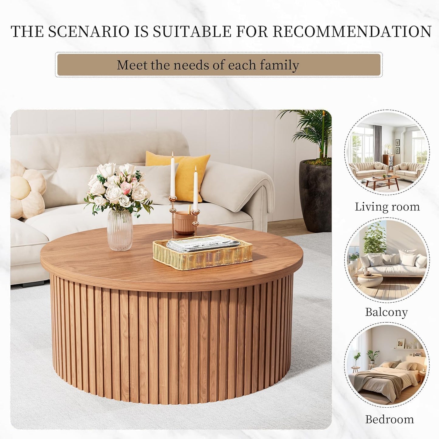 Fsbecl 34'' Round Fluted Lift Top Coffee Table with Hidden Storage, Walnut | Wooden Center Table, Lift Top Coffee Table for Living Room, Home Decor