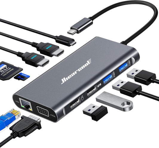 Hiearcool USB C Docking Station, 11-in-1 Dock, HDMI, VGA, Ethernet, Grey