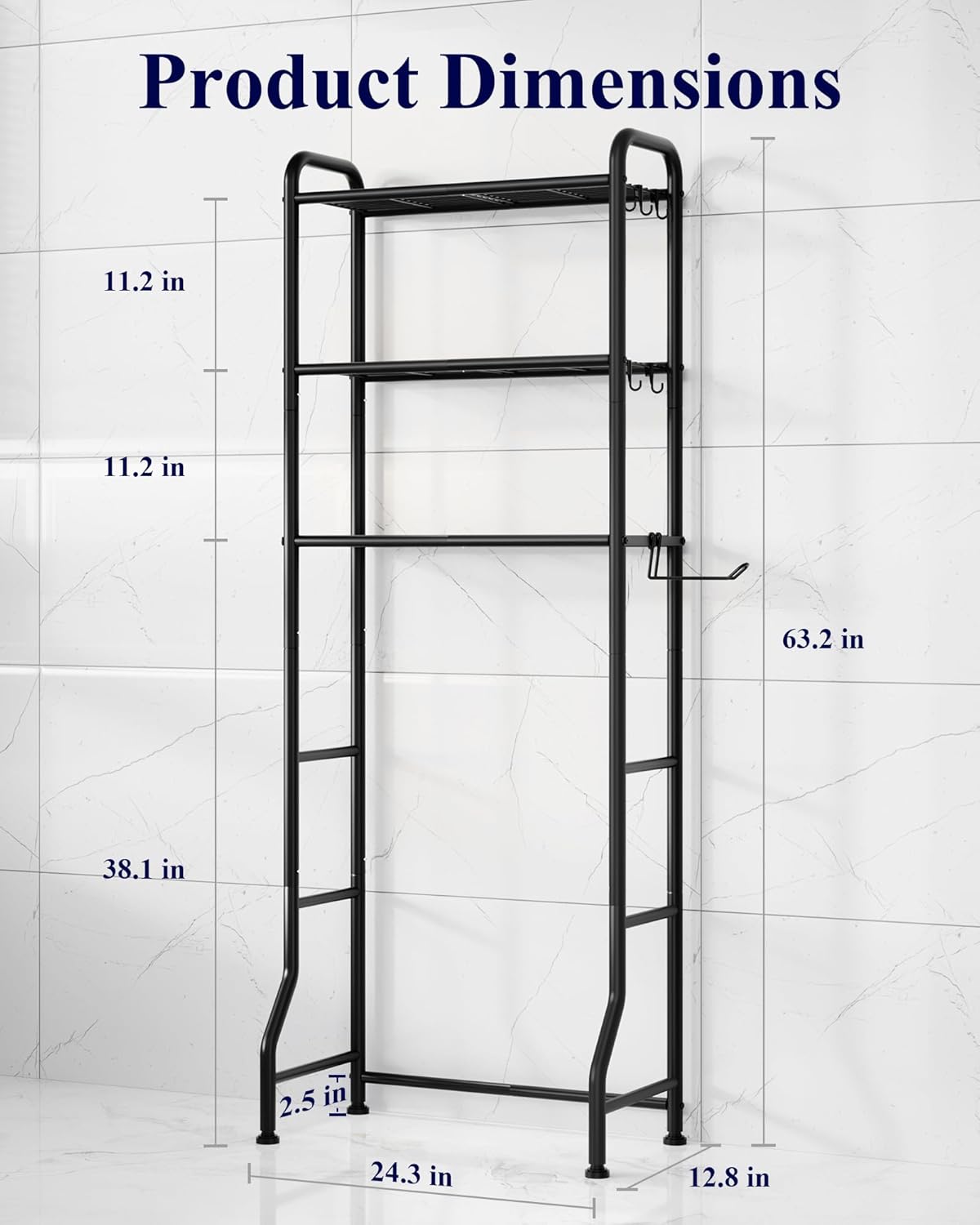 Kitsure Over Toilet Storage Rack - Metal Over Toilet Bathroom Organizer Shelf, Over the Toilet Storage Cabinet with Paper Holder and Hooks, Bathroom Cabinet for Laundry, Black, 3 Tiers (63.2" H)