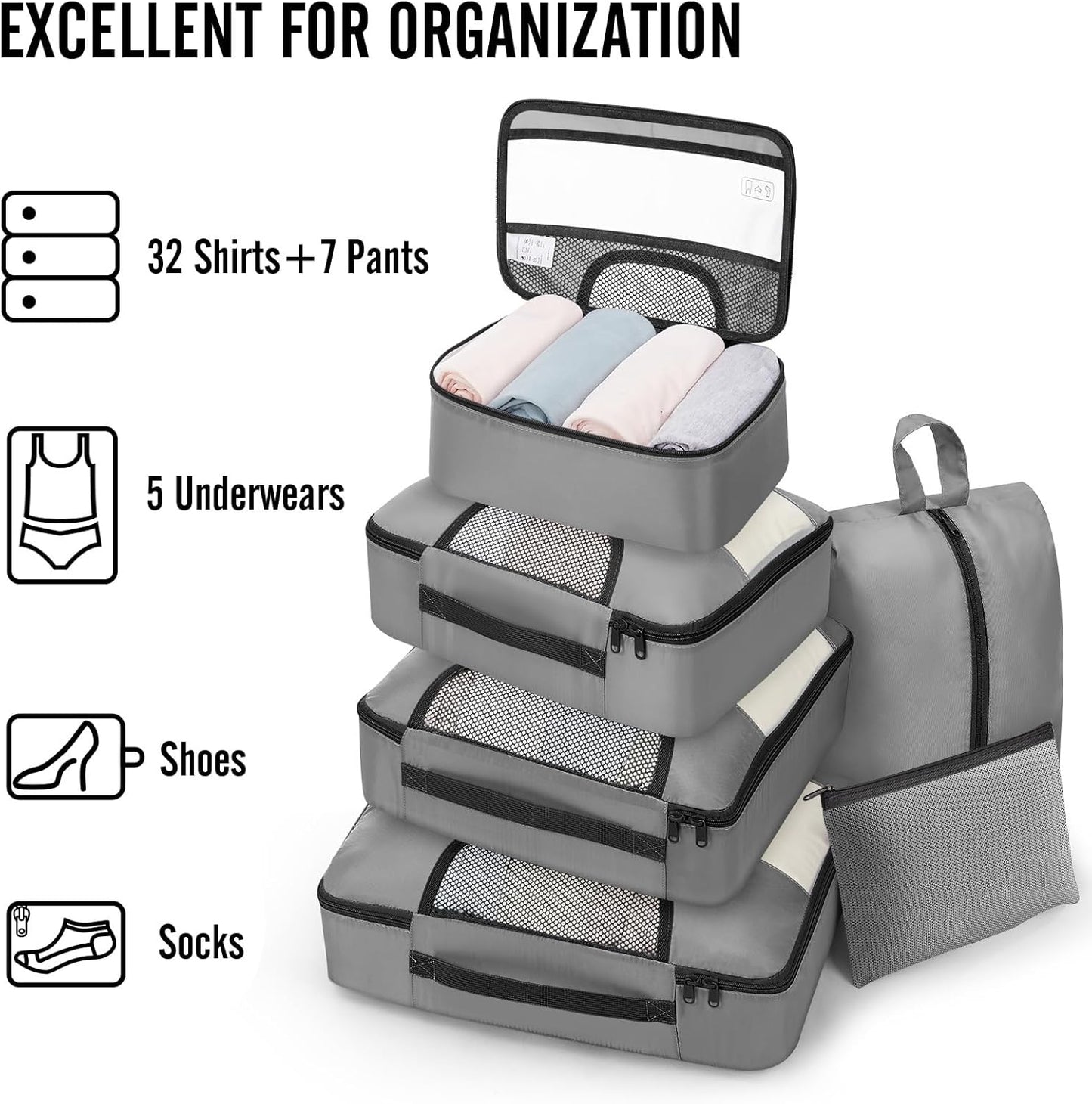 Veken 8 Set Packing Cubes for Travel Essentials, Suitcase Organizer Bags in 4 Sizes, Carry-On Luggage Accessories with Large Laundry & Hanging Toiletry Bag, Must-Have for Airplane, Road Trip & Camping