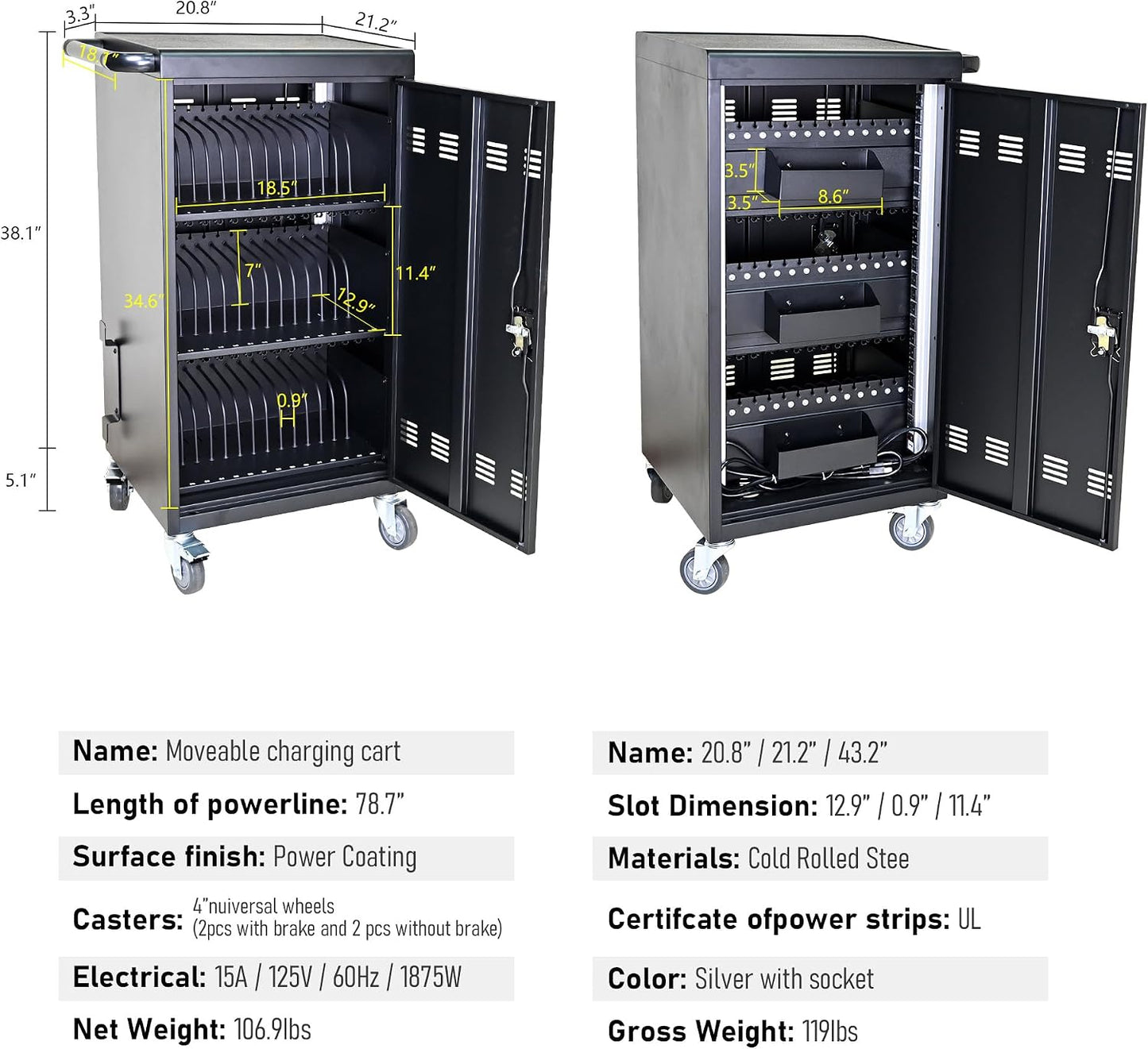 45-Device Mobile Charging Cart Up to 16.3" Locks Black | with Charging Power Strip Front & Rear Locks Cable Management Safe Charging Cabinet for Ipads, Chromebooks, Tablets, Laptops