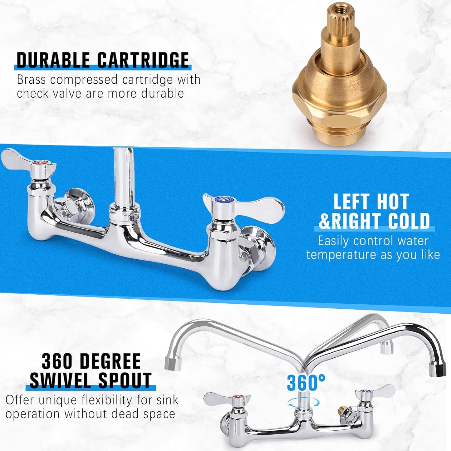 Wall Mount Kitchen Faucet 8" Center Commercial Sink Faucet with 8" Swivel Spout Dual Handles Brass Utility Sink Faucet for Laundry Room Restaurant Polish Chrome