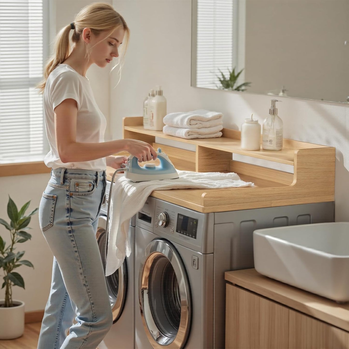 VOPEAK Washer and Dryer Countertop with Shelf, 2-Tier Washer Dryer Topper, 54" x 27.5" Spacious Laundry Countertop, Washing Machine Topper for Laundry Room Organization and Folding Clothes, Oak