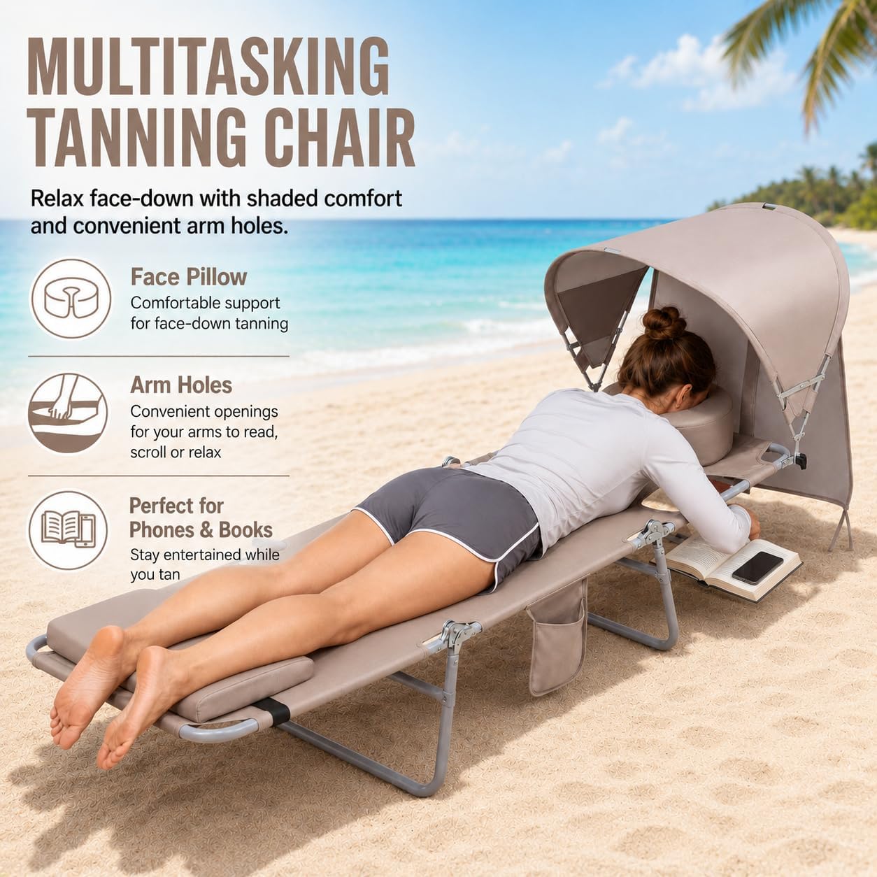 Backpack Beach Tanning Lounge Chair with Canopy Shade Face Hole Padded Adjustable Washable, 6 Position Layout Chair for Outside Sunbathing Poolside Lawn, UPF 50+ Wind-Resistant Sun Shade, Patented