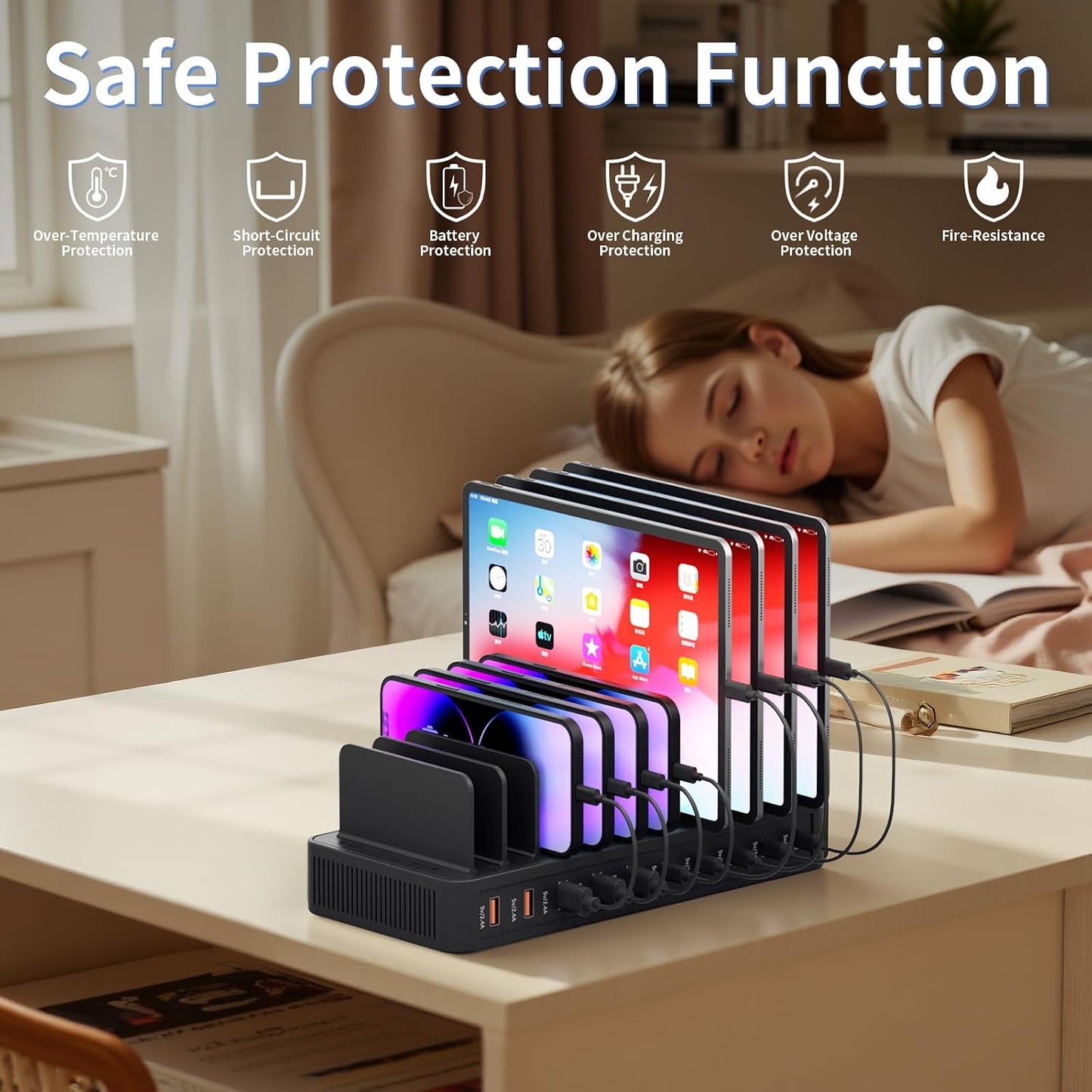 60W Charging Station for Multiple Devices, 10-Port USB Fast Charger | Device Organizer Charging Dock with 10 Mixed Charging Cable & Adjustable Dividers for iPhone, Android, iPad, Tablets & More
