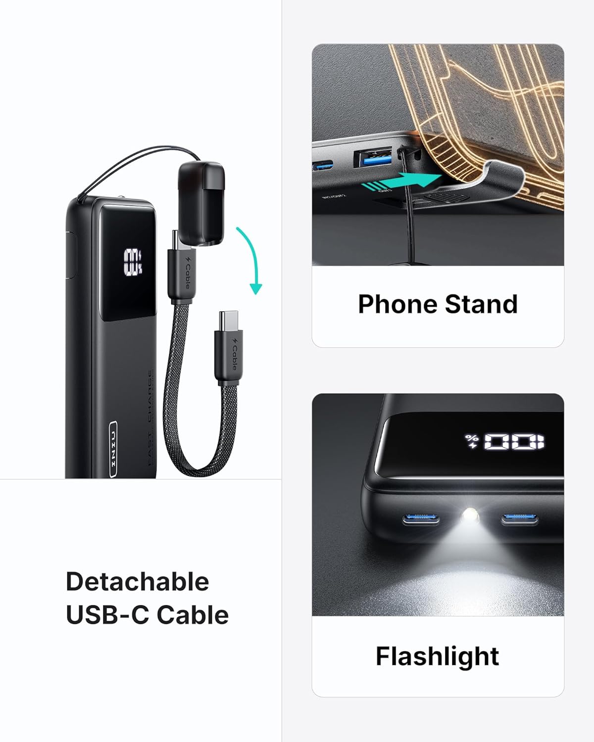 INIU Ultra Compact Portable Charger, 10000mAh 45W Fast Charging Power Bank with Detachable USB-C Cable & Stand, Flight-Safe Travel Battery Pack for iPhone 17 16 15 Pro Max Air, Samsung S26, iPad, etc