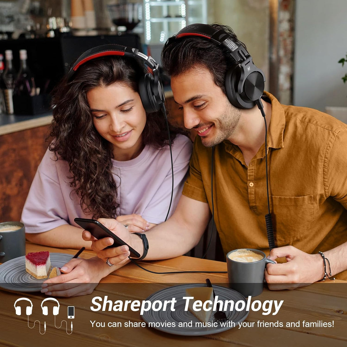OneOdio A70 Bluetooth Over-Ear Headphones, Hi-Res Wired DJ Studio - Red