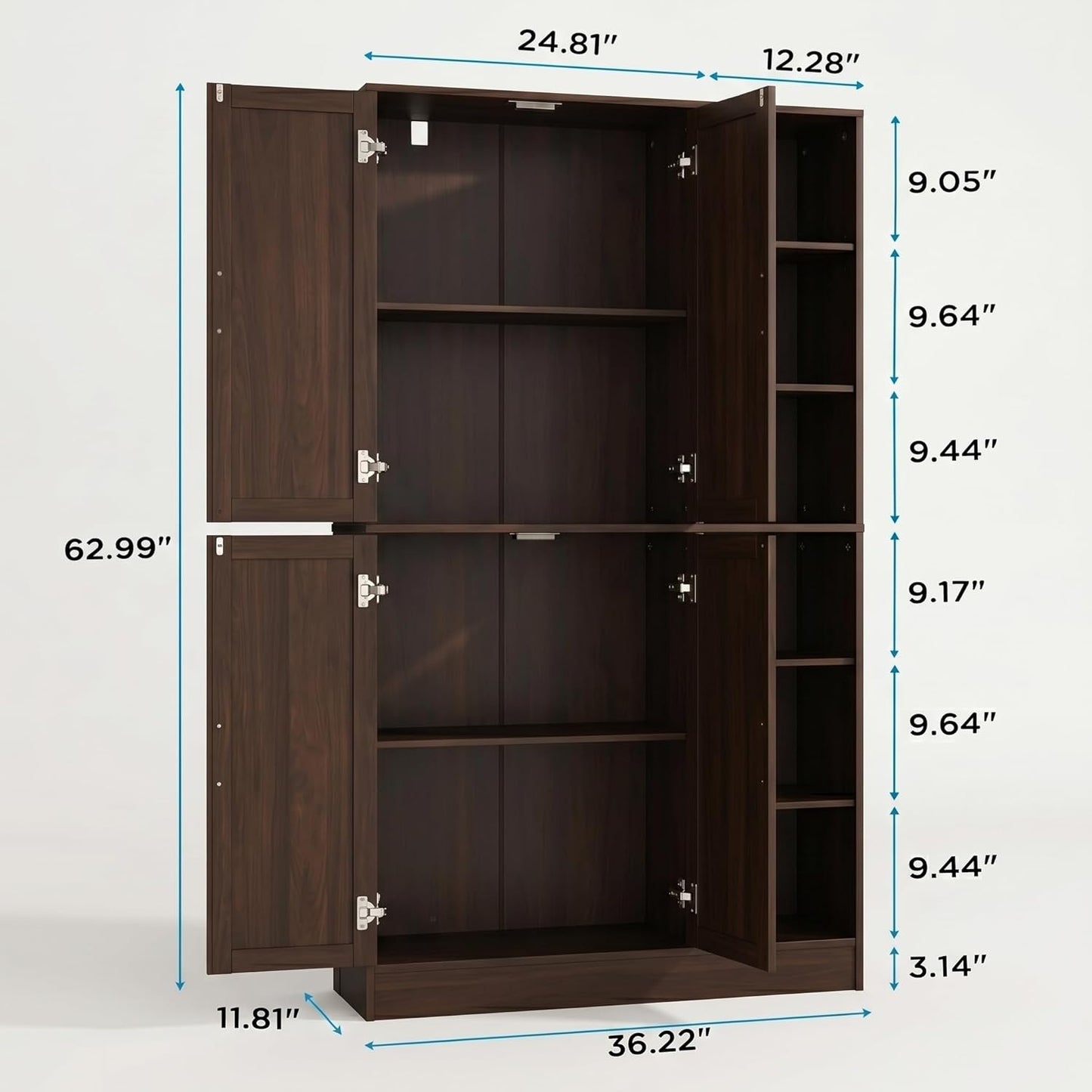 holzart 63" Tall Kitchen Pantry Cabinet, Freestanding Dining Room Storage Hutch with 4 Doors and Adjustable Shelves, Modern Utility Cupboard for Coffee Bar and Microwave, Brown