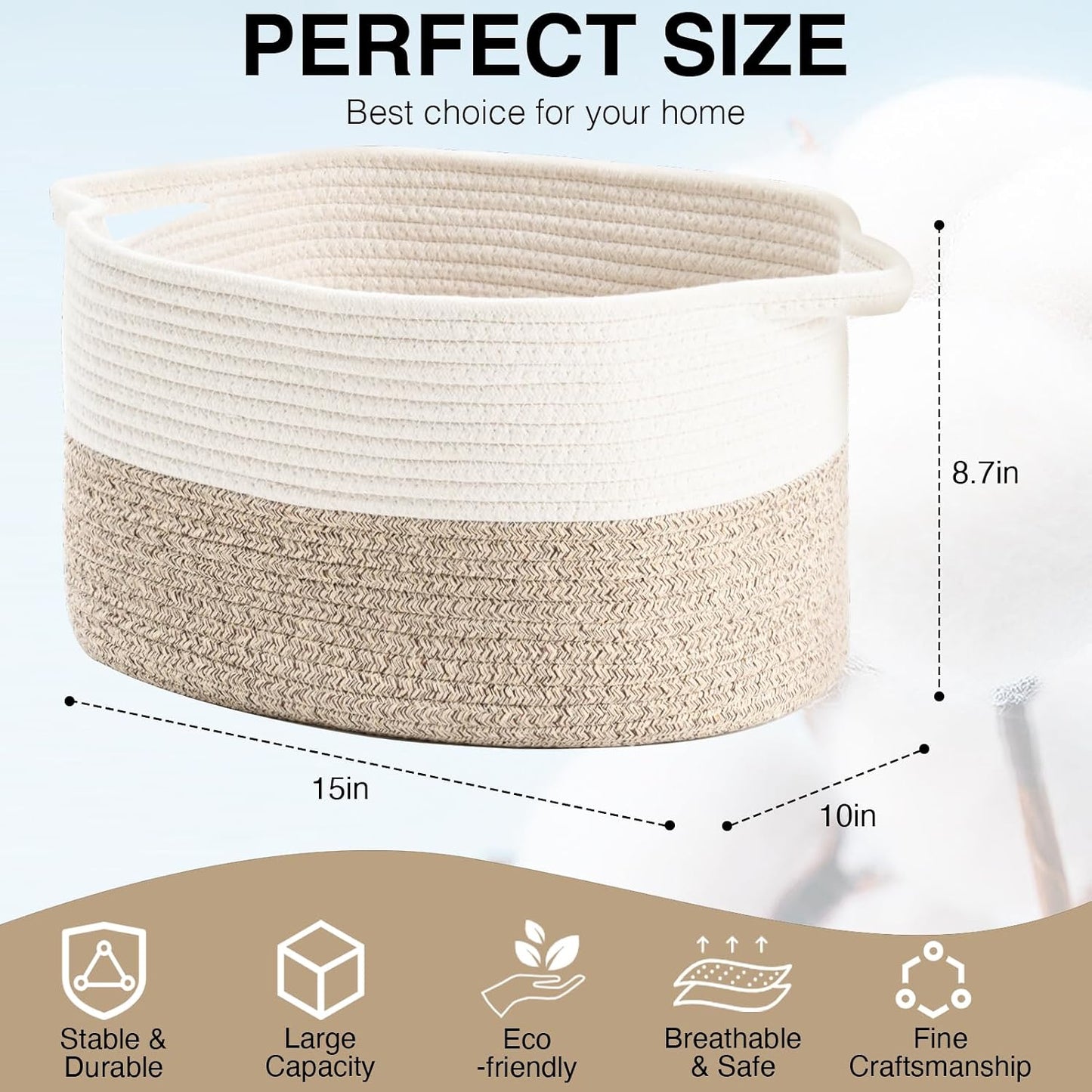 DUHEL Cotton Rope Woven Storage Basket (White&Brown-3PCS) | Used for Baby Hamper Toy Organizer, Gift Baskets Empty,Kids,Baby,nursery. Size 15x10x8.7 Inches.