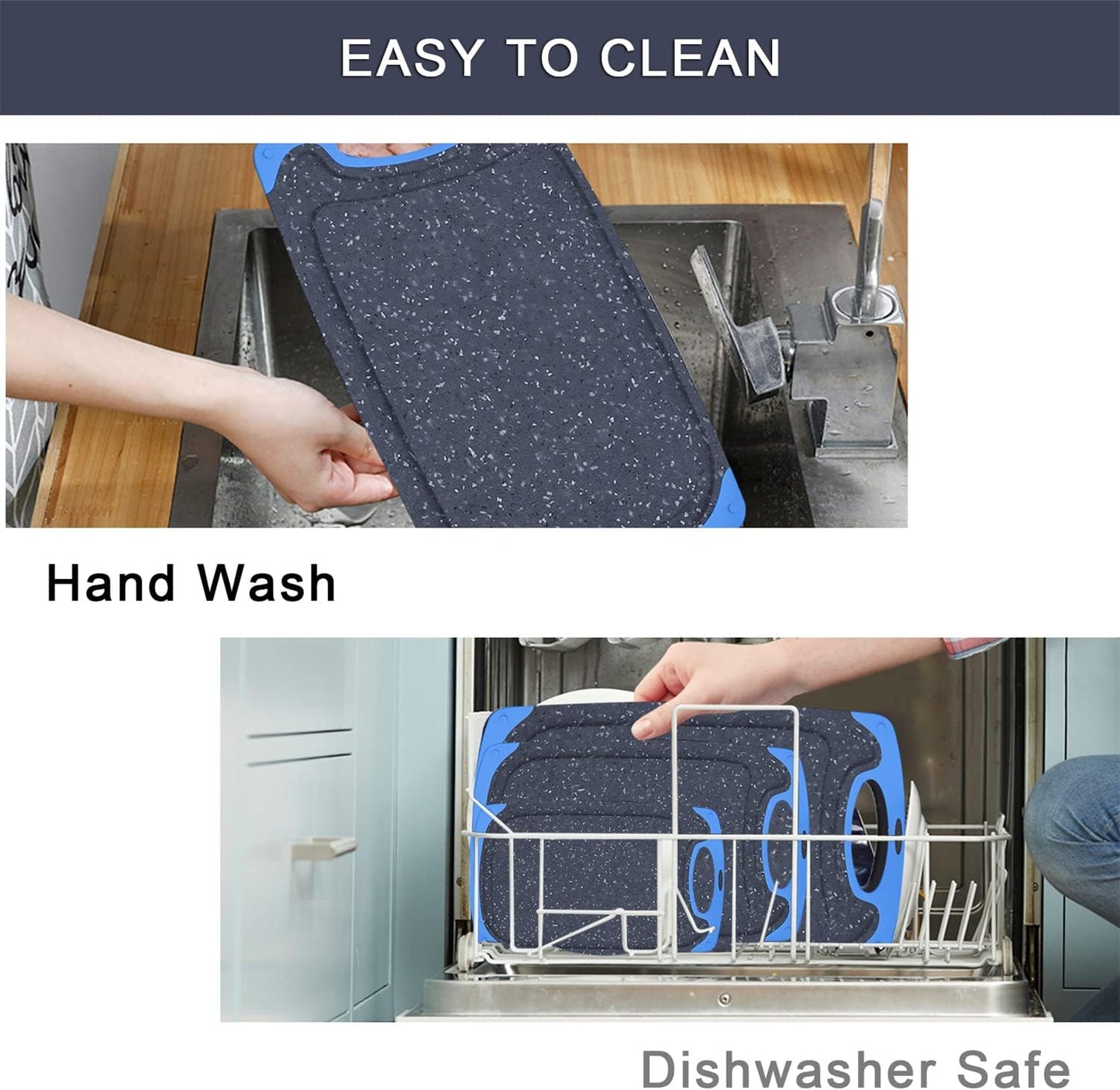 Viretang Non Slip Cutting Board, 3 Pieces Dishwasher Safe Cutting Boards with Juice Grooves, Easy Grip Handle, Non-Slip, with Grinding Area for Grinding Garlic and Ginger（blue）
