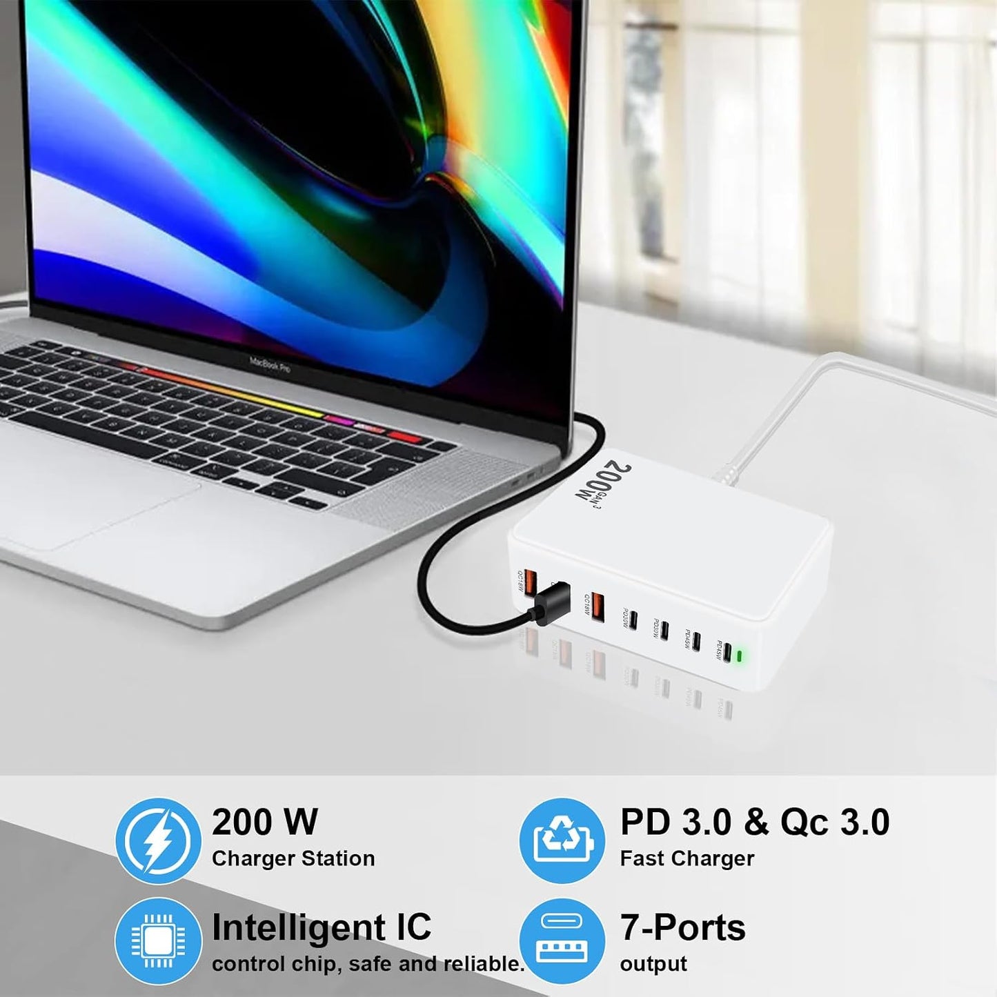 USB C Charger Block 200W USB C Charger Block, Upgraded GaN 7-Port Fast Charging Station Hub for Multiple Devices