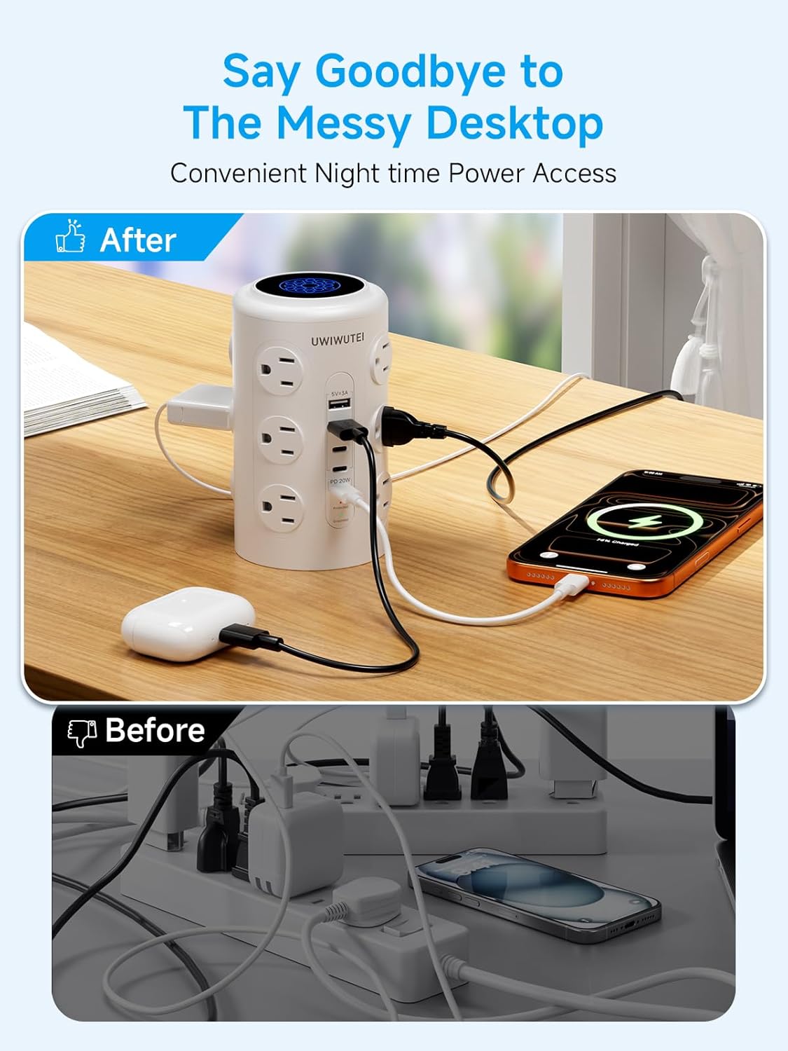Tower Power Strip with 1 Dedicated PD 20W Fast-Charging Port, 12 Outlets, 5 USB Ports (3 USB-C), 1800J Protector, Desk Charging Station for Multiple Devices,10FT Extension Cord, Home Office Essentials