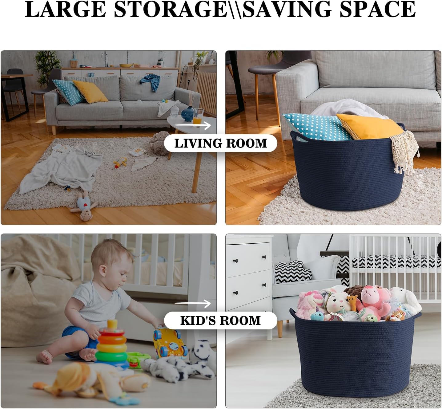 Maliton Woven Rope Blanket Basket Living Room, Storage Basket for Toy, 90L | 22"x14" cotton rope basket. Holds blankets, toys & towels & laundry. For bedroom, nursery, bath & playroom. Soft & durable.