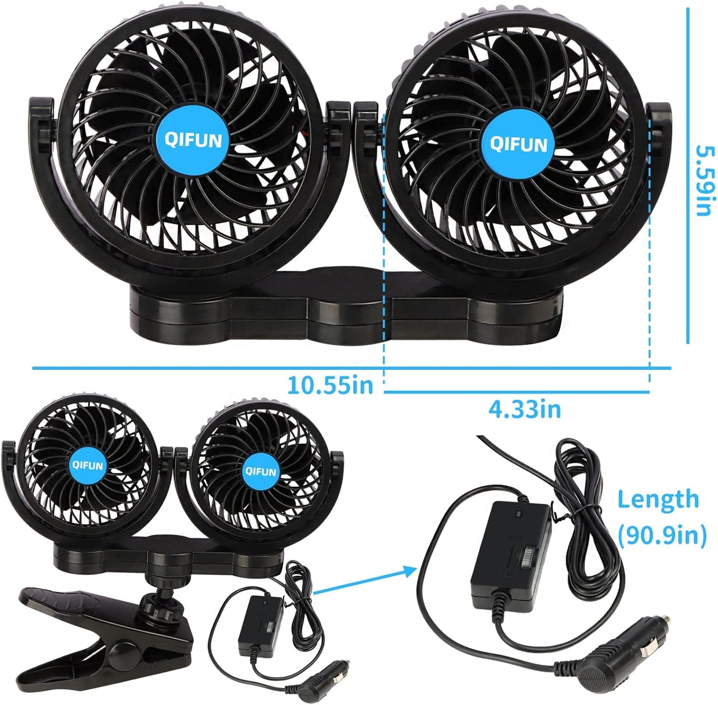 QIFUN Car Fan Adjustable Dual Head 12V 360° Rotatable 4 Inches Car Clip Fan for Front/Rear Seat Passenger Car Essentials Cooler with Stepless Speed Regulation for Vehicle SUV, RV