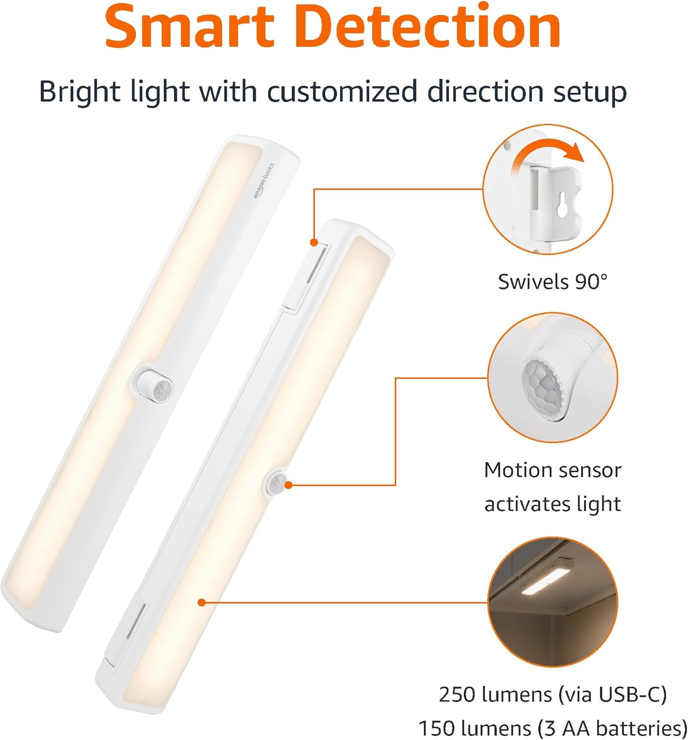 Amazon Basics LED Motion Sensor Light Bar, USB/Battery Operated, 250 Lumens, 12 Inches, Swivel, Under Cabinet Lighting for Closet, Kitchen, 2-Pack, White