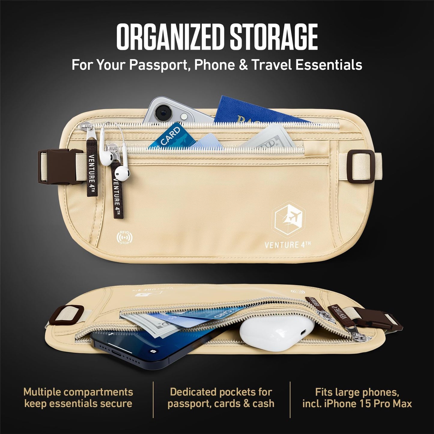 VENTURE 4TH Money Belt for Travel – Slim Hidden Under-Clothes RFID Blocking Anti-Theft Passport Holder & Travel Wallet Pouch for Men & Women to Protect Cash, Cards & Documents (Beige)