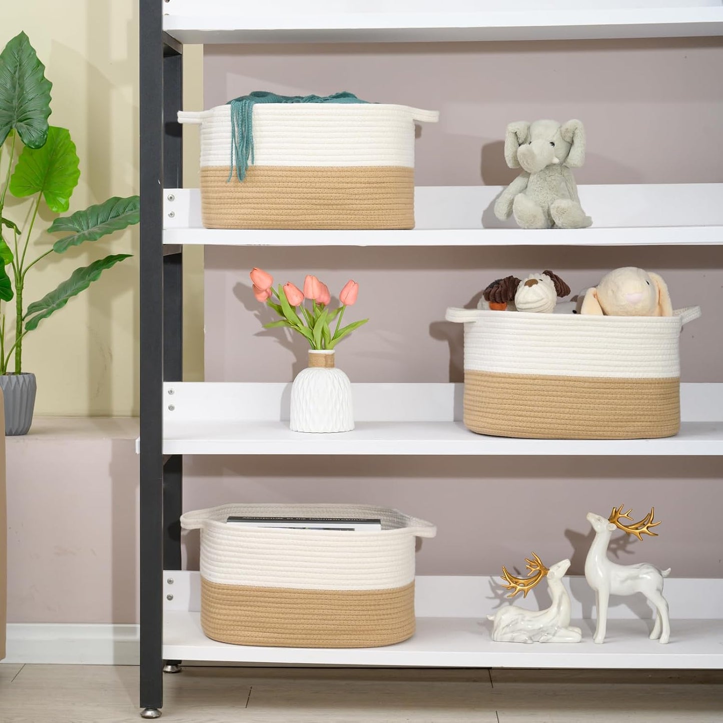 DUHEL Cotton Rope Woven Storage Basket (White&Khaki-3PCS) | Used for Baby Hamper Toy Organizer, Gift Baskets Empty,Kids,Baby,nursery. Size 15x10x8.7 Inches.