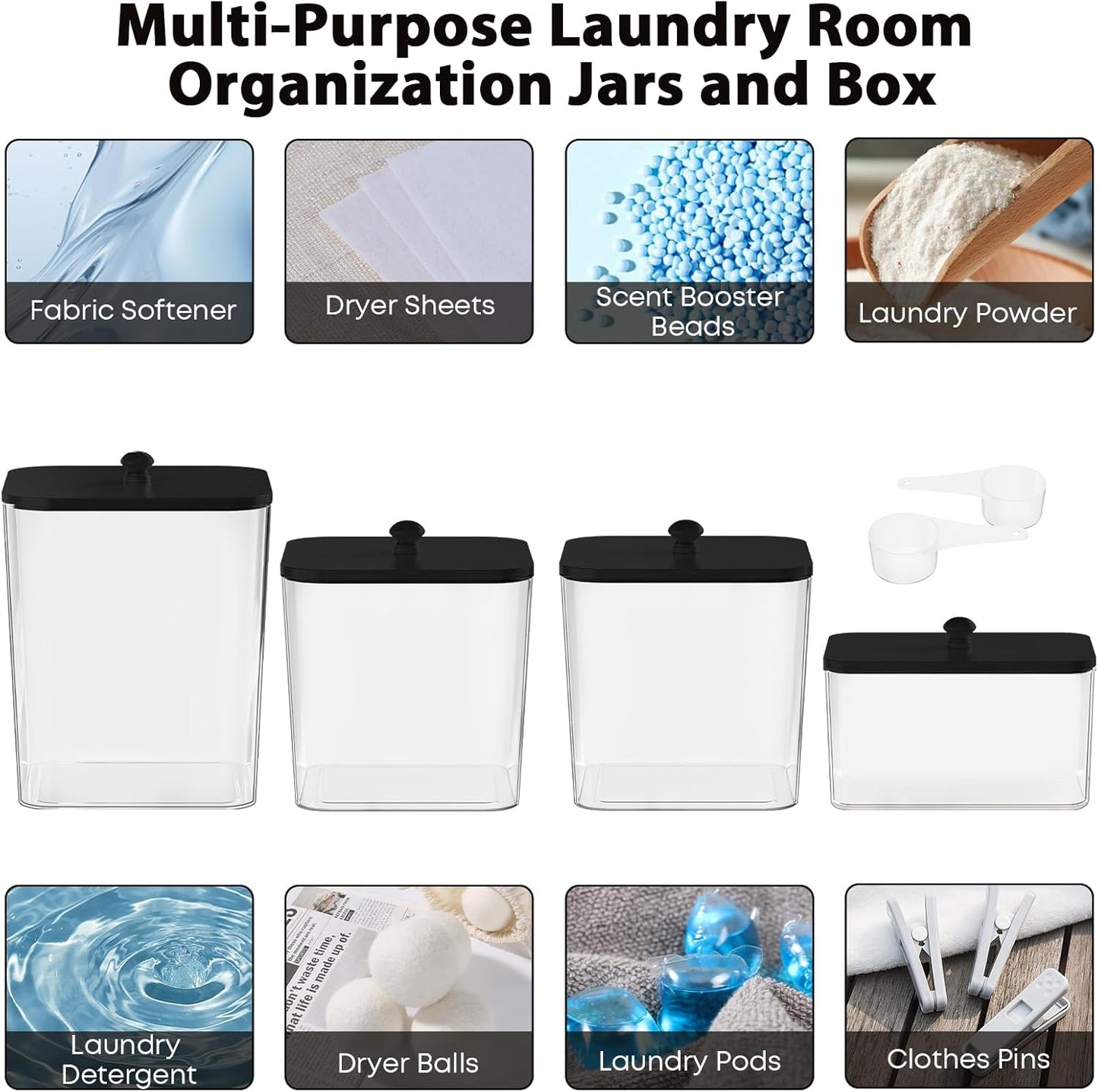 COAZEX 4 Pack Clear Laundry Pods Container & Dryer Sheet Holder, Plastic Square Laundry Room Organization and Storage Jars with Lids, Scoops & Labels for Detergent, Powder, Dryer Balls (Black Lid)