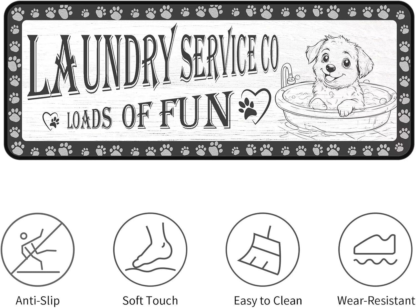 Dog Paw Laundry Room Rug Runner 20"x47" Gray, Non Slip Rubber Backing, Machine Washable Floor Mat for Laundry, Bathroom, Entryway, Mudroom