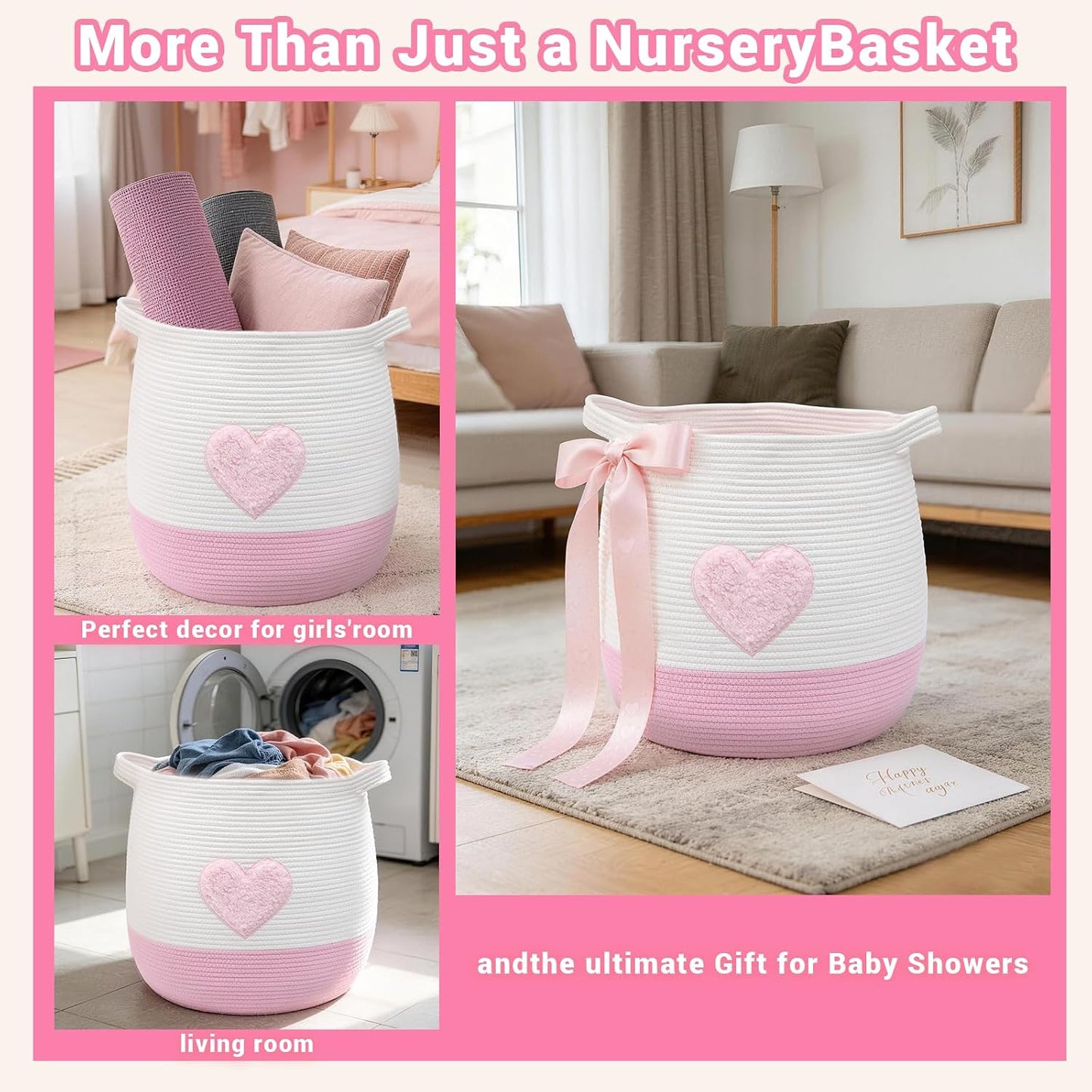 Large Cotton Rope Basket, Woven Storage Basket for Toy, Laundry and Blanket Organizer Basket, Round Hamper Basket with Handles for Kid's Room 17.7"x16.9" (Pink Heart)