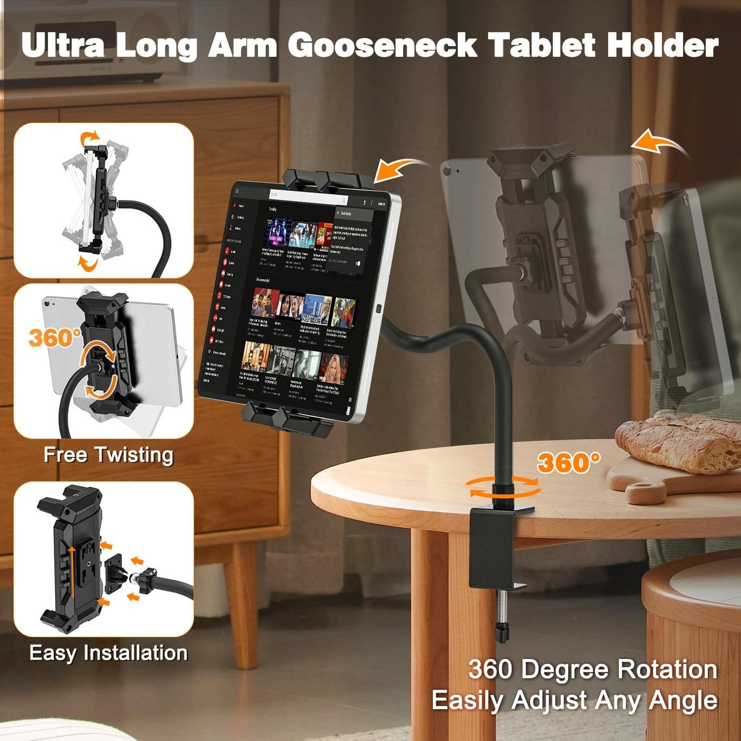 Tablet Stand Holder, Heavy Duty Gooseneck iPad Desk Mount with C-Clamp, Flexible Arm for Kitchen/Office/Video Recording, Shake-Free Stand for 4.7-13.5" Tablet/Phone,