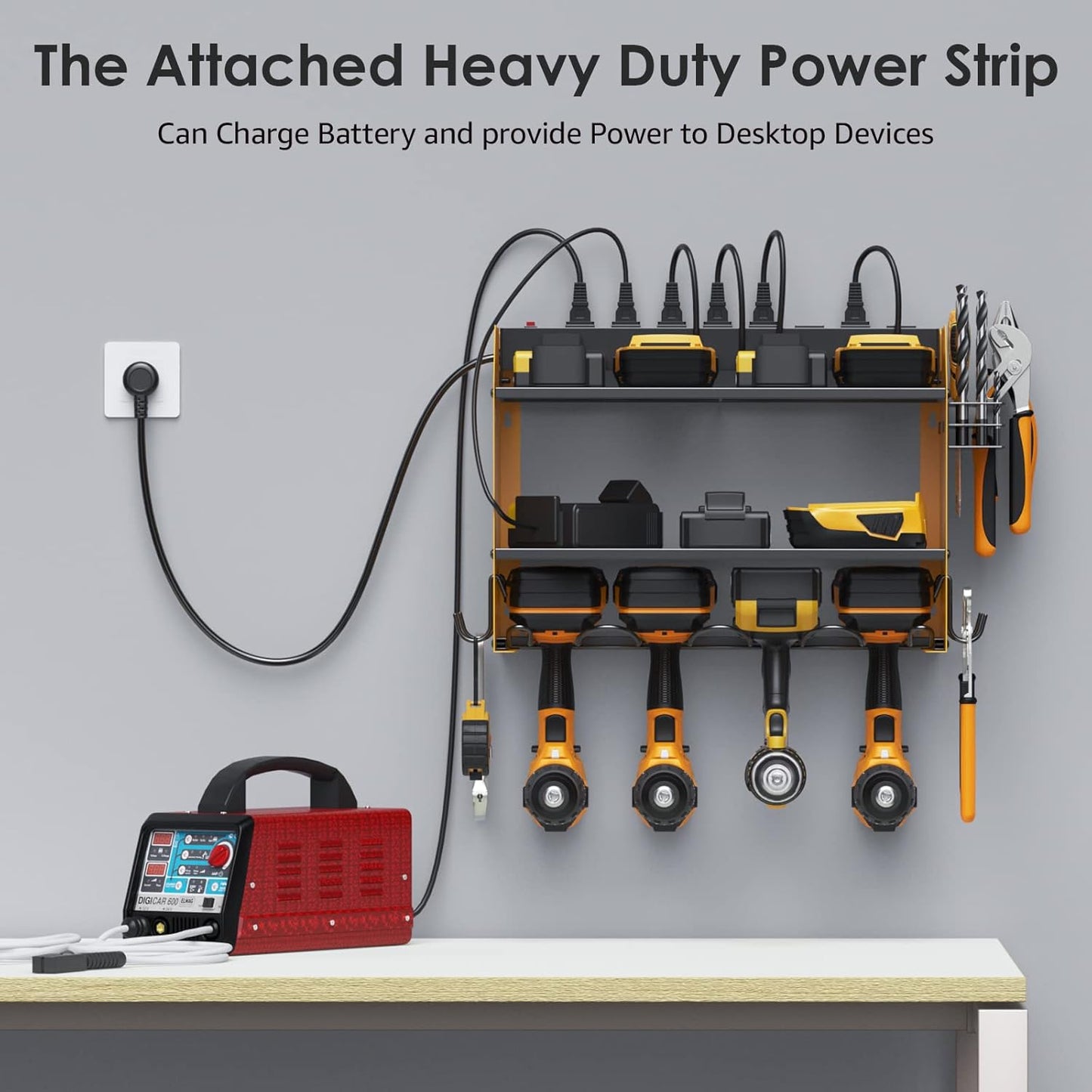 CCCEI Modular Power Tool Organizer Wall Mount with Charging Station. Garage Drill Storage Shelf with Hooks, Heavy Duty Rack, Tool Battery Holder Built in 8 Outlet. Gift for Men. Yellow, 1 Pack.