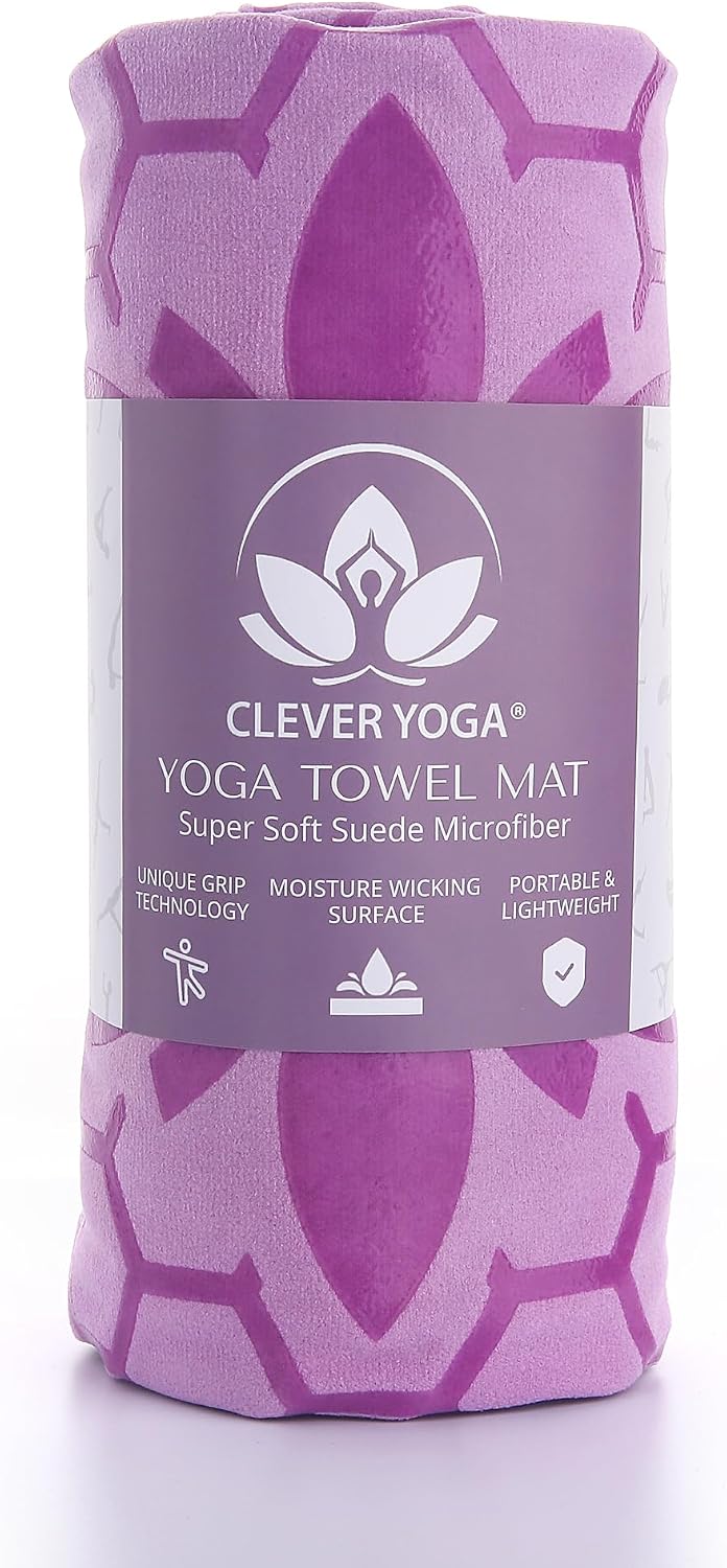 Clever Yoga Hot Yoga Mat Towel – Non-Slip Grip for Hot Yoga, Sweat Absorbent, Honeycomb Silicone Grip, Stays Flat – Ideal for Pilates, Travel, Washable & Lightweight - Lilac