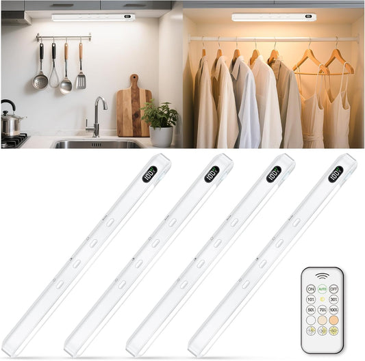 WILLED Under Cabinet & Closet Lights with Remote, Motion Sensor, Rechargeable, Magnetic, 3 Color Temps, Dimmable LED Light Bar for Indoor Kitchen Counter (4 Pack, White)