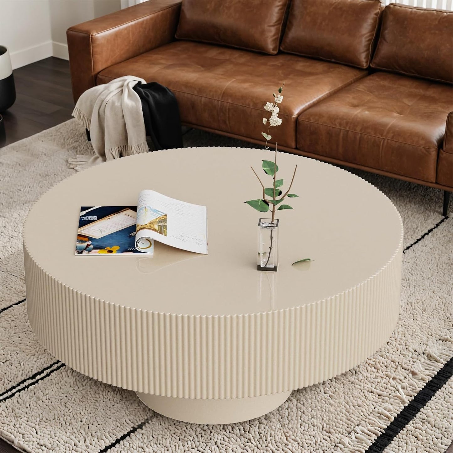 Mid Century Modern Round Fluted Coffee Table (A) | Handcraft Drum Coffee Table, Sturdy Pedestal, Wood Veneer Top, for Living Room Reception Room Farmhouse