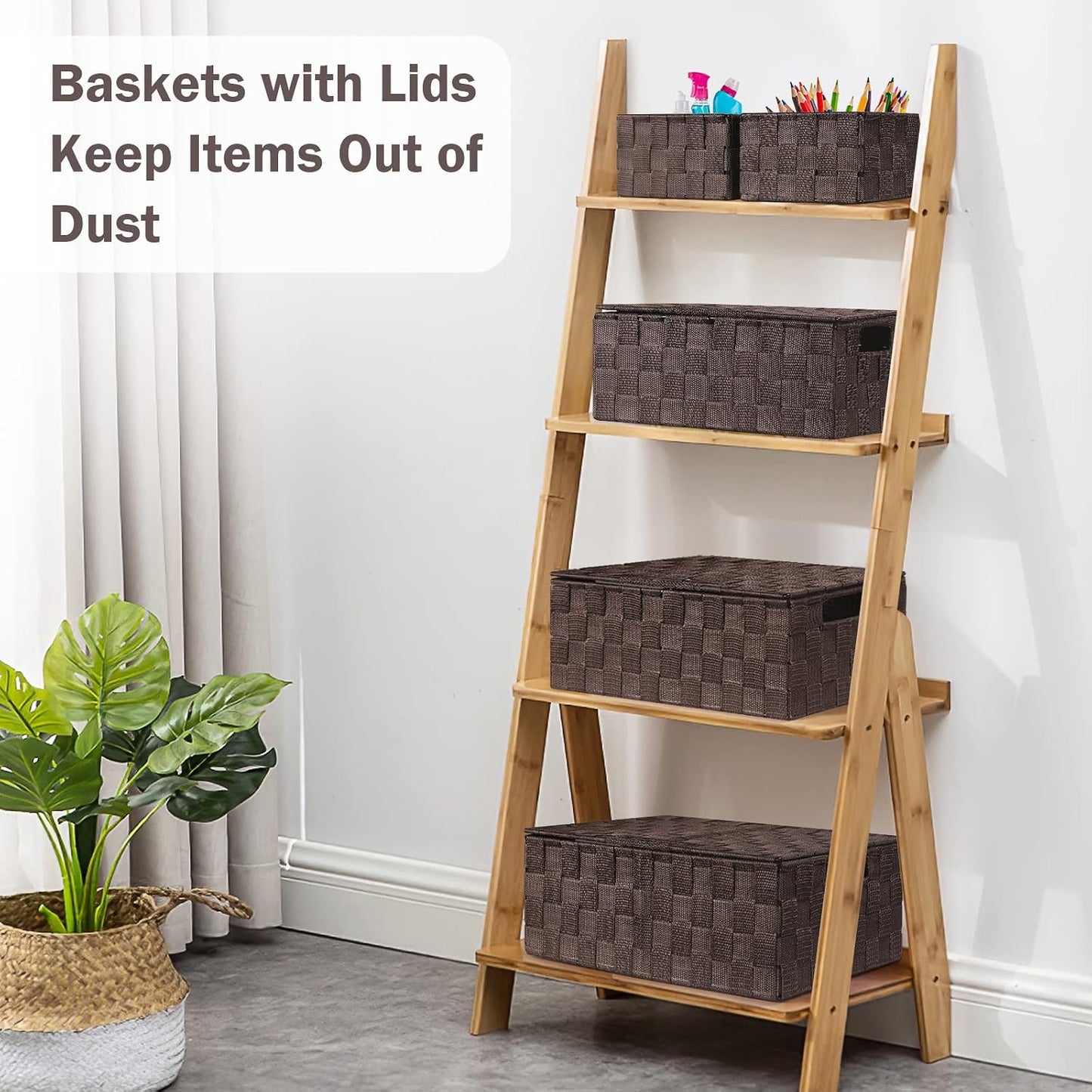 Storage Baskets with Lids: 5 Pack Stackable Woven Storage Bins, Brown