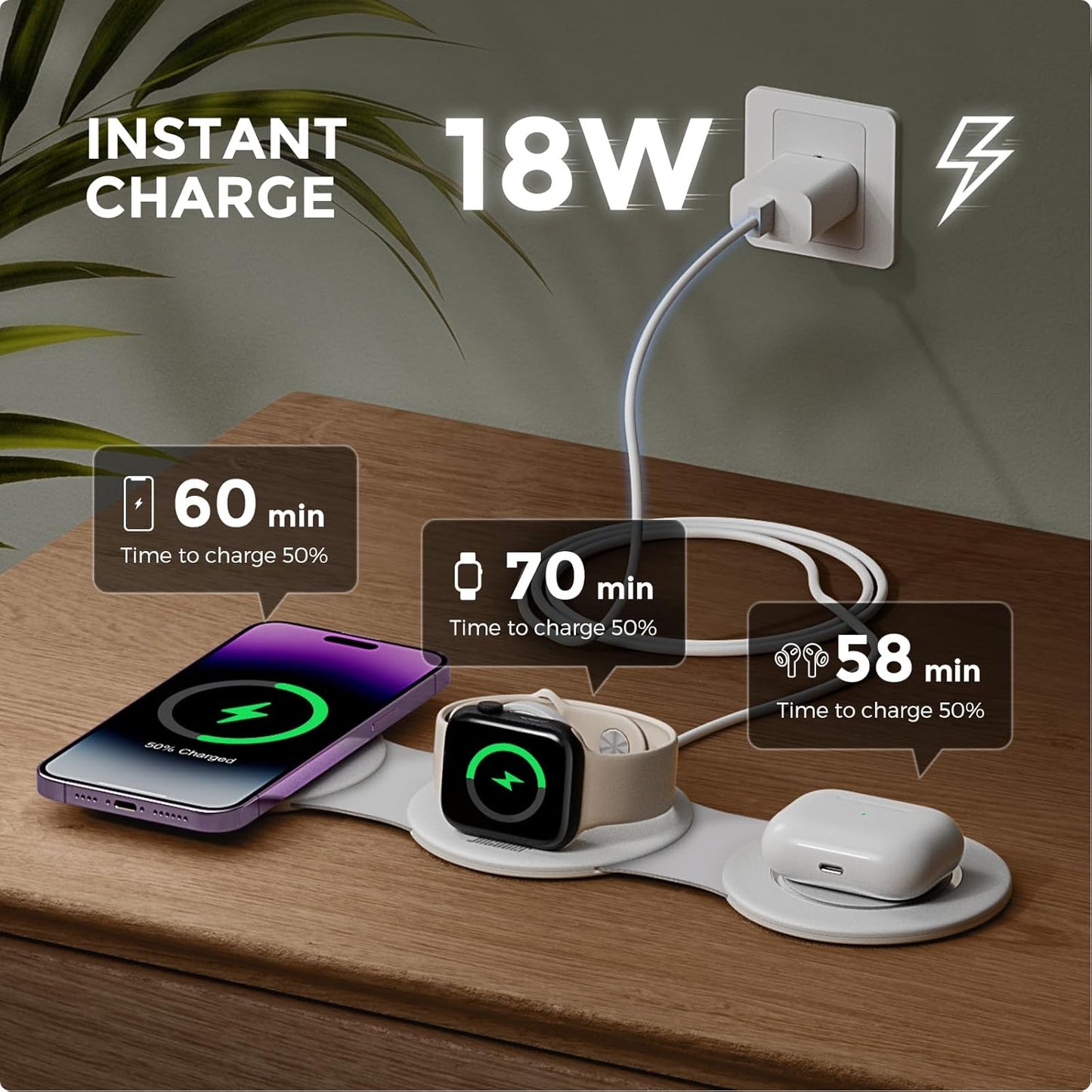 Hicober 3 in 1 Wireless Charging Station for iPhone 15, Magnetic Foldable Travel Charger Station Stand 18W for iPhone Air 17 16 15 14 13 12 Pro/Max/Plus/Apple Watch All Series & Airpods