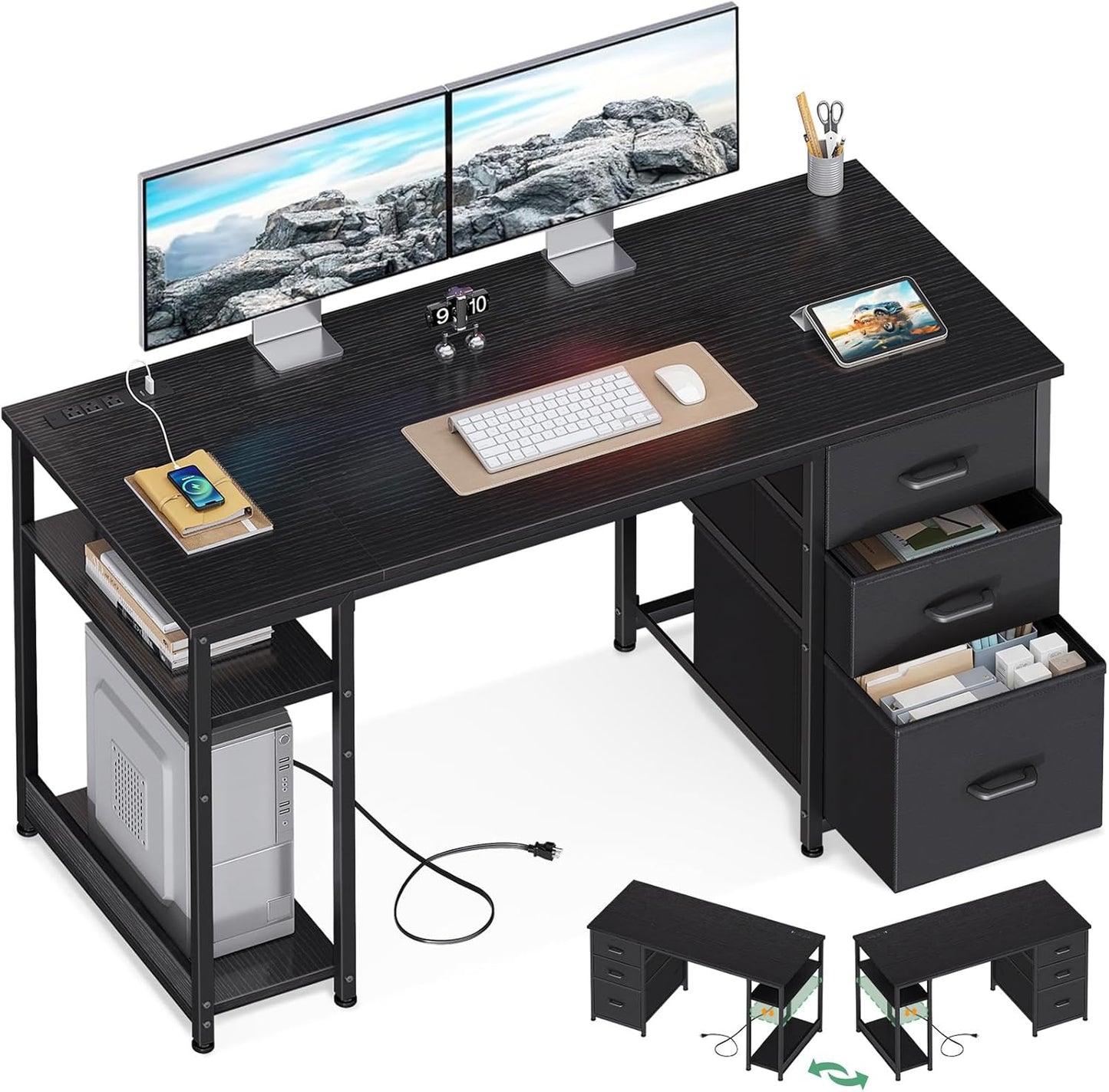 AODK 51 Inch Computer Desk with Fabric Drawers & USB Power Outlets, Reversible Home Office Desk with Storage Shelves, Work from Home, Modern Work/Writing/Study Table for Bedroom, Black