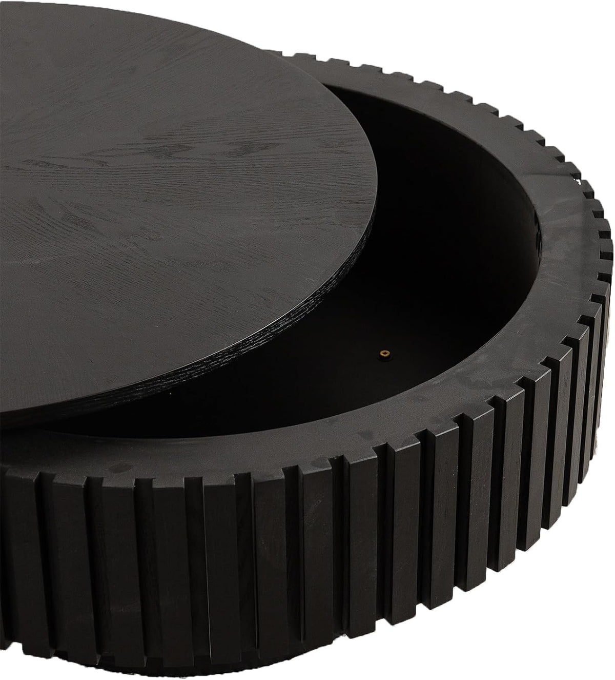 31" Black Round Wood Fluted Drum Coffee Table with Storage (G)