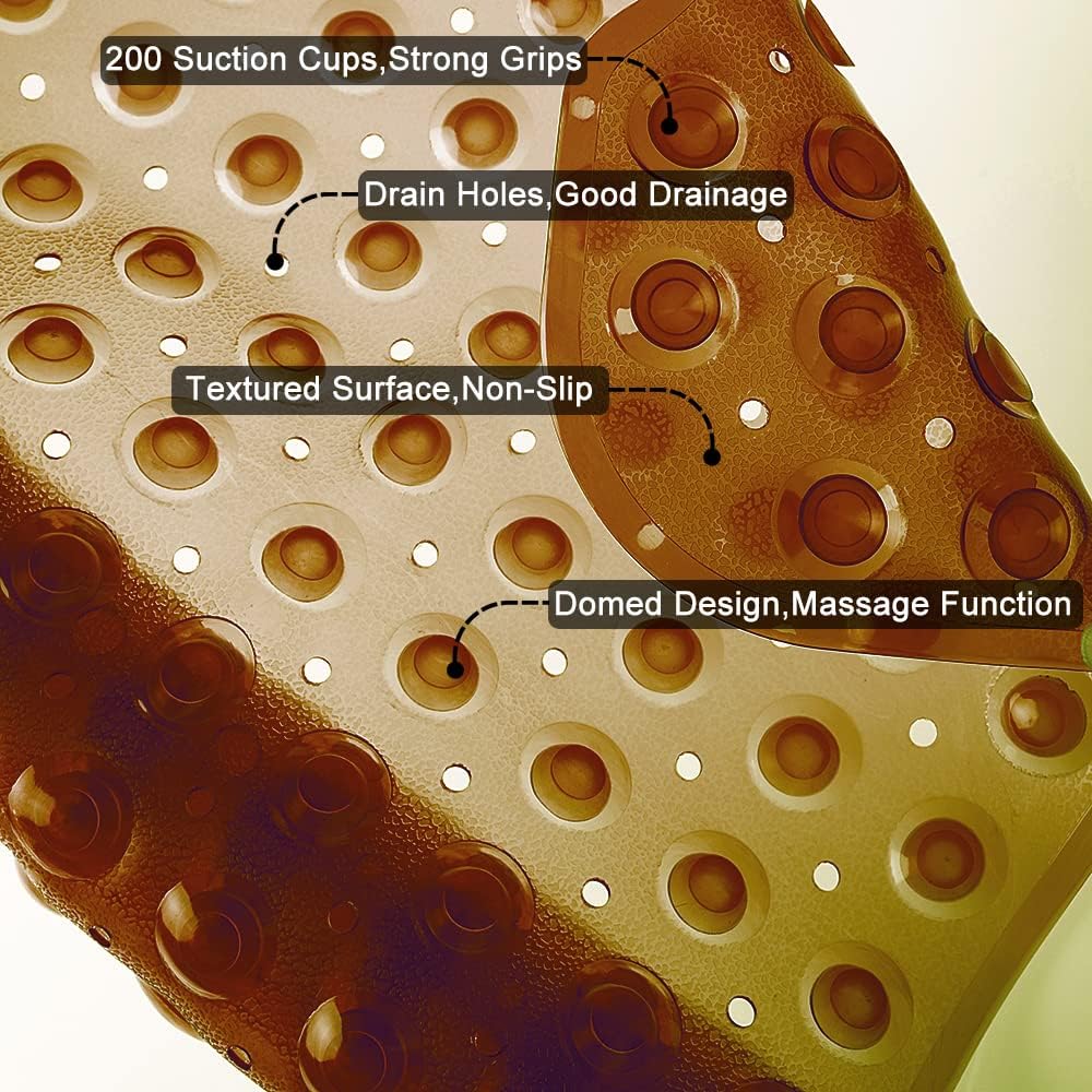 Bathtub and Shower Mats, Extra Long Non-Slip Bath Tub Mat 39 x 16 Inch, Machine Washable Bathmat with Suction Cups & Drain Holes for Bathroom Floor, Clear Brown