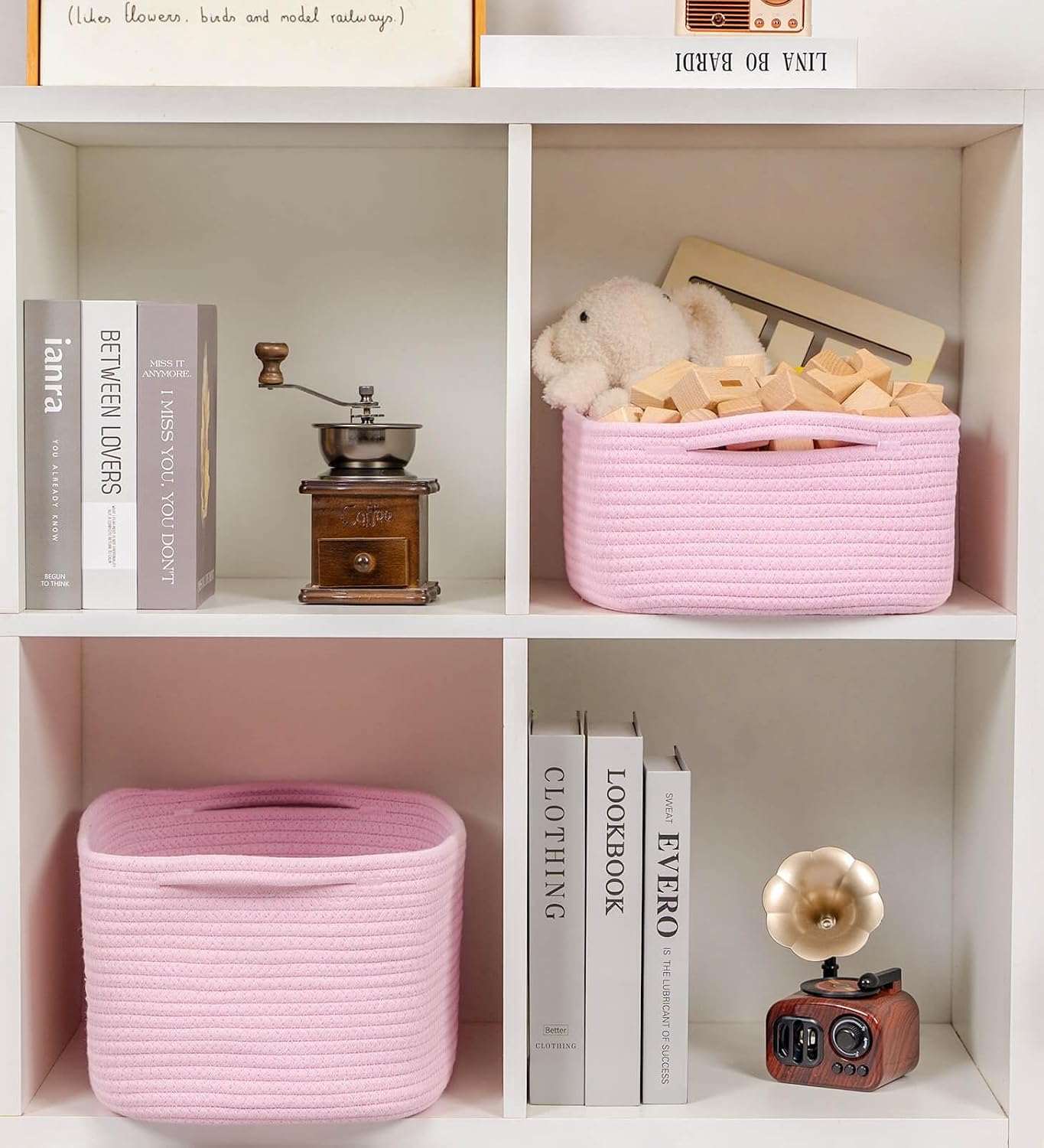 CubesLand Cube Storage Organizer Basket Bin, Cotton Rope Shelves Basket | Durable Woven Rectangular Shelf Basket for Organizing, Nursery Toys Basket, Pink Basket