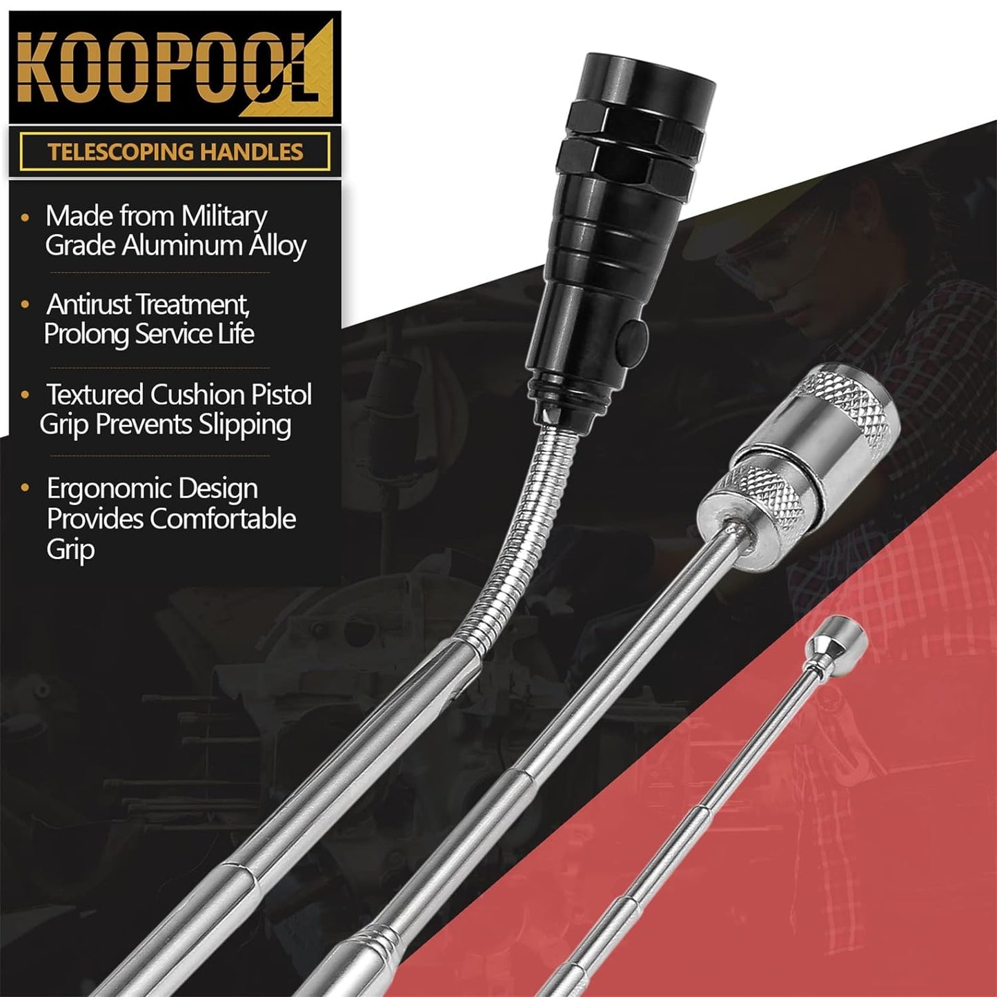 Telescoping Magnetic Pickup Tool Set, Inspection Mirror Telescoping, LED Flashlight, Cool Gadgets for Men, Father’s Day Gift, Gifts for Dad, Husband, Kids, Boyfriend, Magnet Stick (Red)