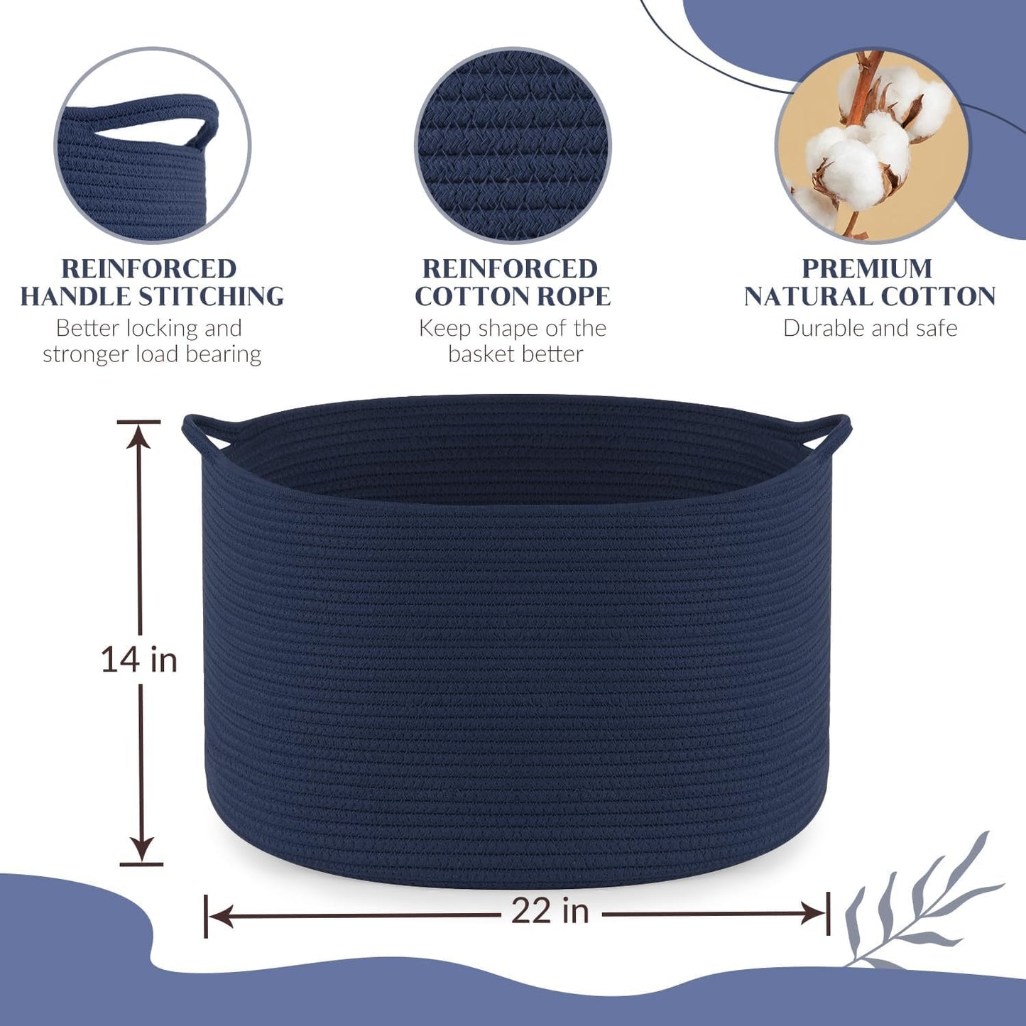 Maliton Woven Rope Blanket Basket Living Room, Storage Basket for Toy, 90L | 22"x14" cotton rope basket. Holds blankets, toys & towels & laundry. For bedroom, nursery, bath & playroom. Soft & durable.