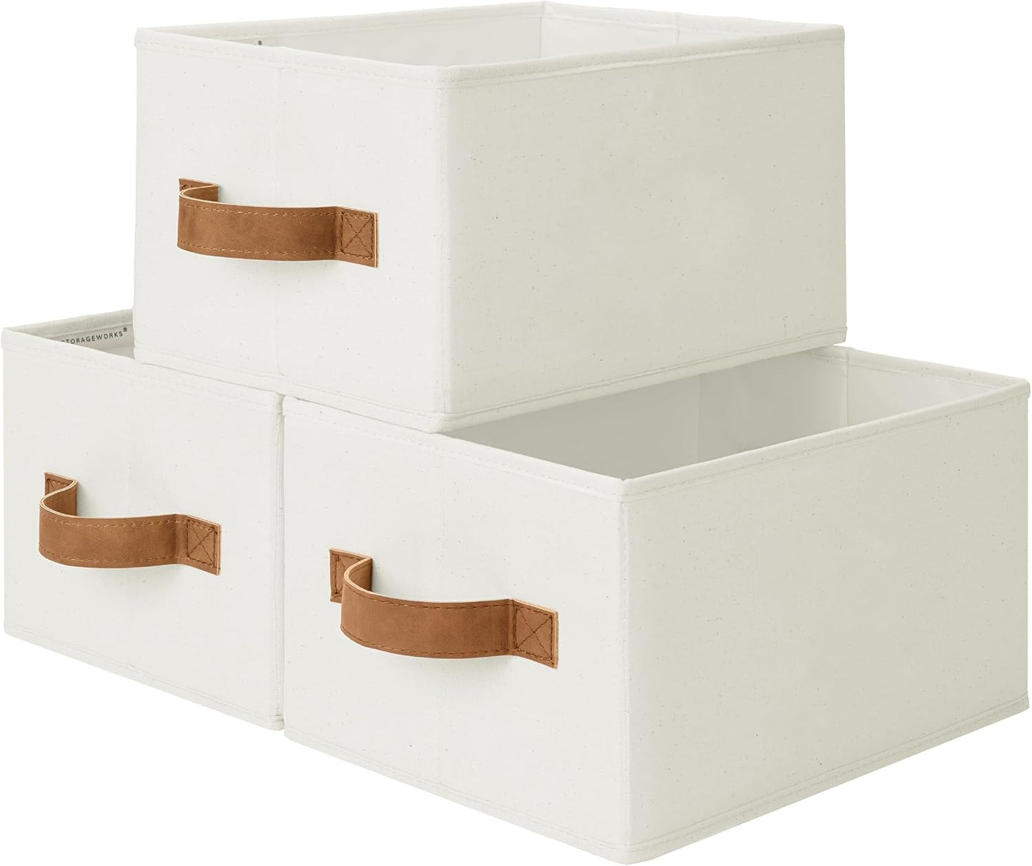 StorageWorks Closet Storage Bins with PU Handles, Ivory White, Small | Closet Organizer Storage Baskets for Shelves, Fabric Organization and Storage, Foldable Closet Organizer for Clothes