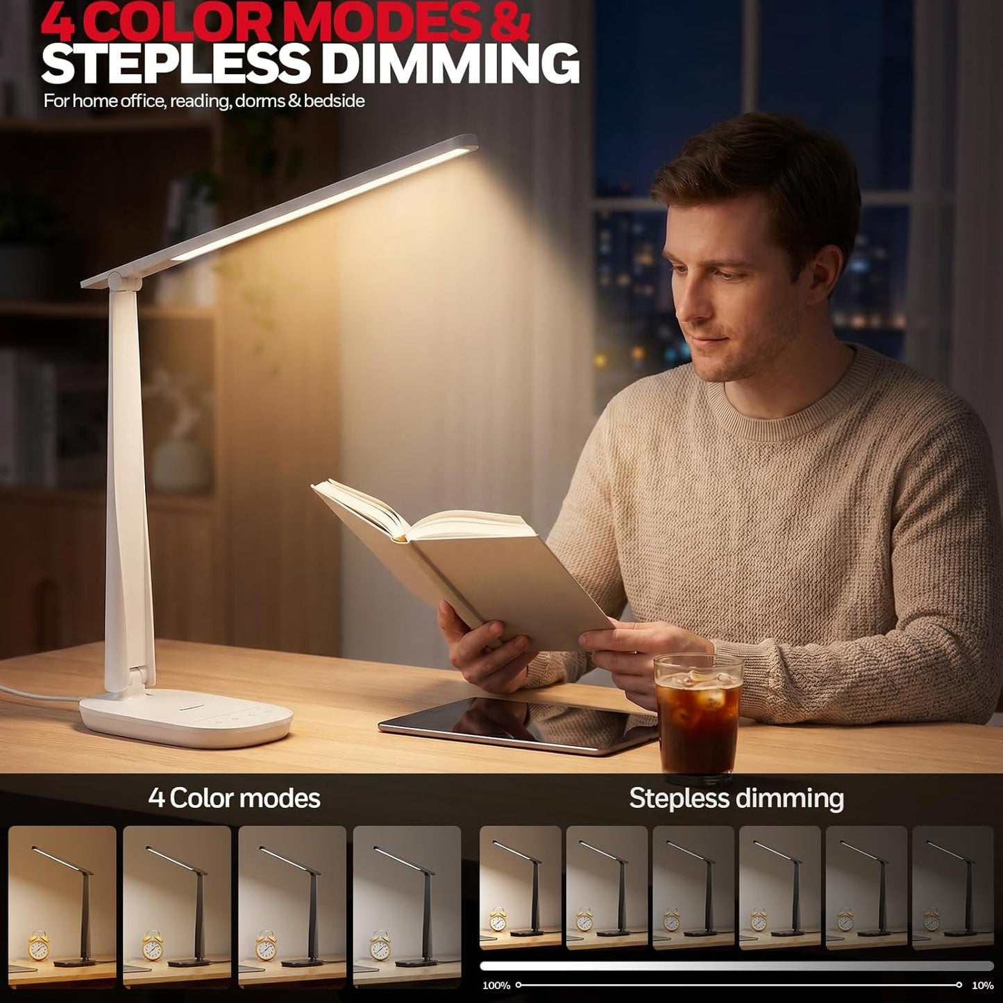 Honeywell LED Desk Lamp for Home Office, Eye-Caring Dimmable Reading Light with 4 Color Modes, Touch Control, USB-A & USB-C Charging Ports, Adjustable Head, Timer for Bedroom & Small Desks
