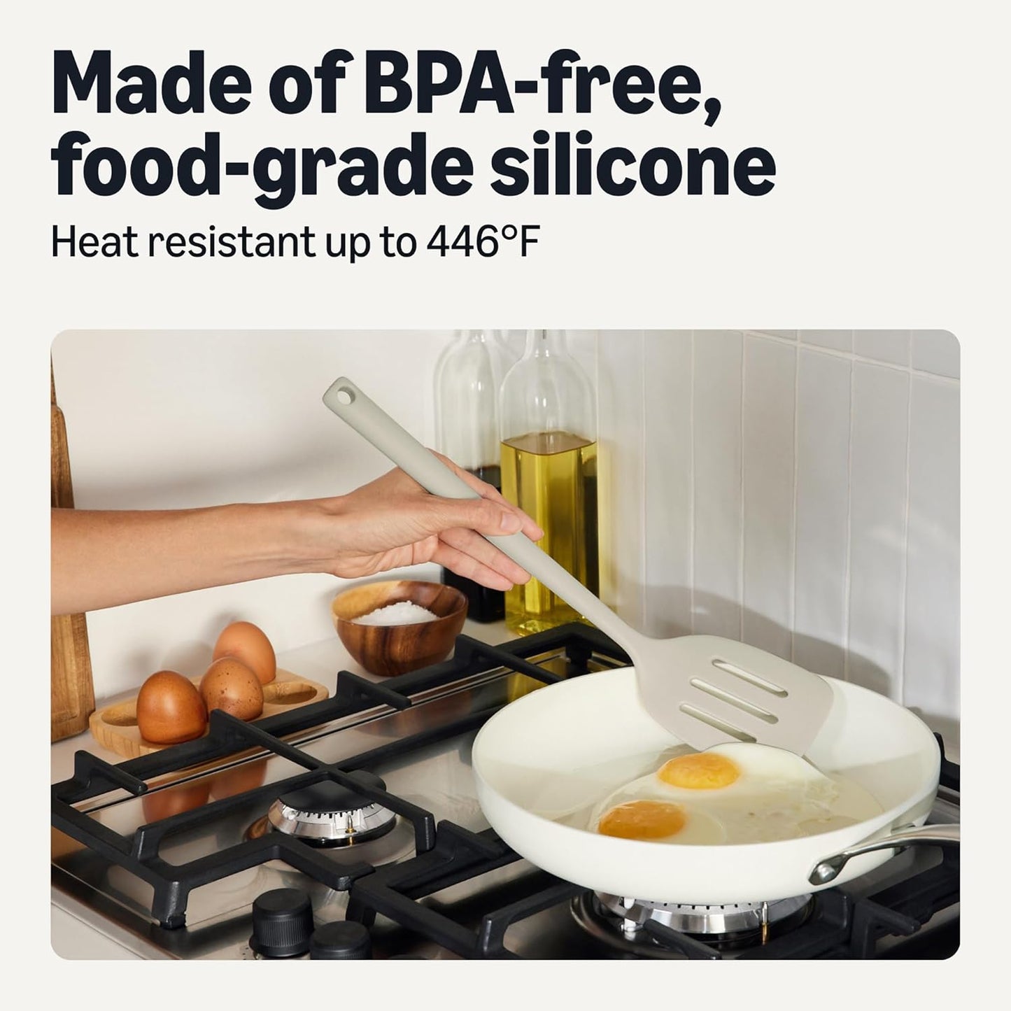Amazon Basics Silicone Cooking Spoon and Ladle Set, 4-Piece Set, Soft Grip Handle, BPA-Free, Dishwasher-Safe, Linen Gray