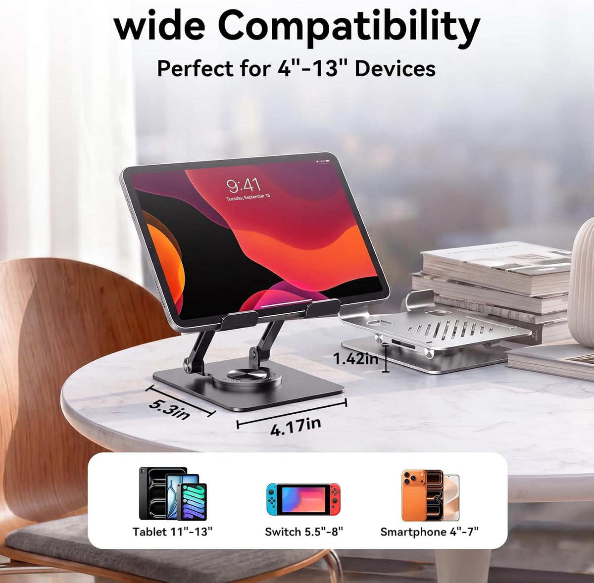 K&ZZ iPad Stand for Desk, Height Adjustable Tablet Stand, Office Desk Accessories for Men Women Gifts, Portable Office Gadgets, Rotating Foldable Phone Stand for Desk