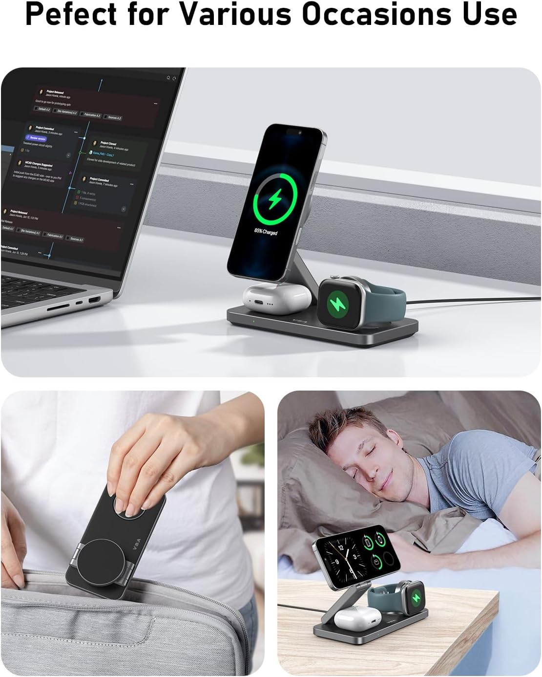 VBA 3 in 1 Wireless Charging Station for Apple MagSafe Charger,Foldable Fast Charging Magnetic Wireless Charger Stand,Travel Charger for iPhone 17 Air 16 15 14 13 12,Apple Watch,AirPods (Black)