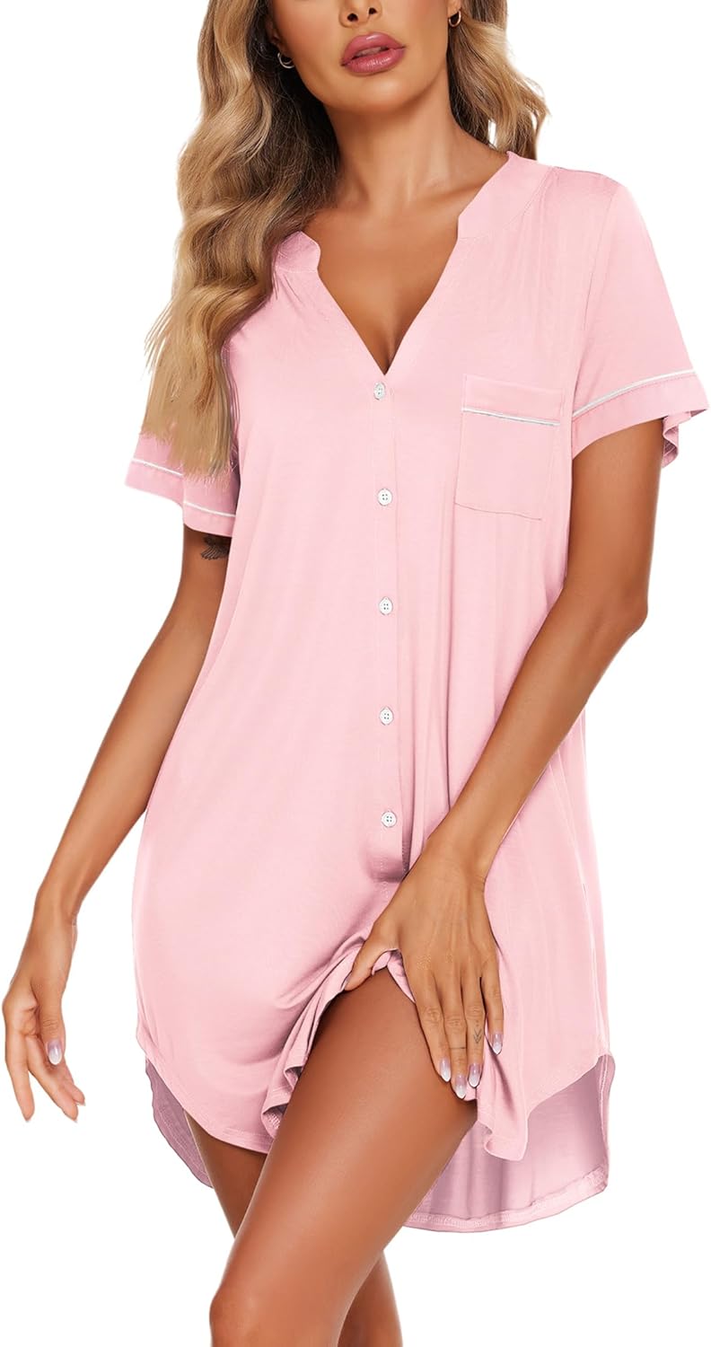 Ekouaer Nightgowns for Women Button Down Night Gowns Short Sleeve Sleep Shirt V Neck Nightshirt Soft Sleepwear Pajams Dress