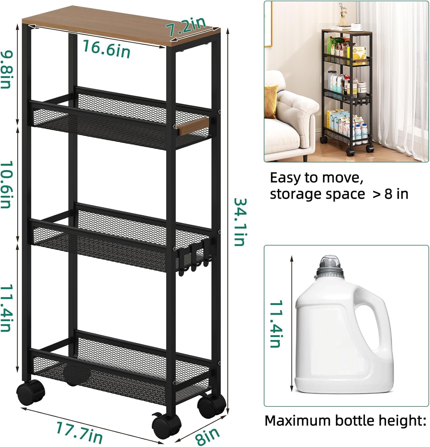 TIPGO Utility Slim Storage Cart, 4 Tier Rolling Cart with Wheels, Narrow Storage Cabinet for Bathroom, Laundry Shelves for Room Organization, Small Organizer for Kitchen, Office and Dorm (Black)
