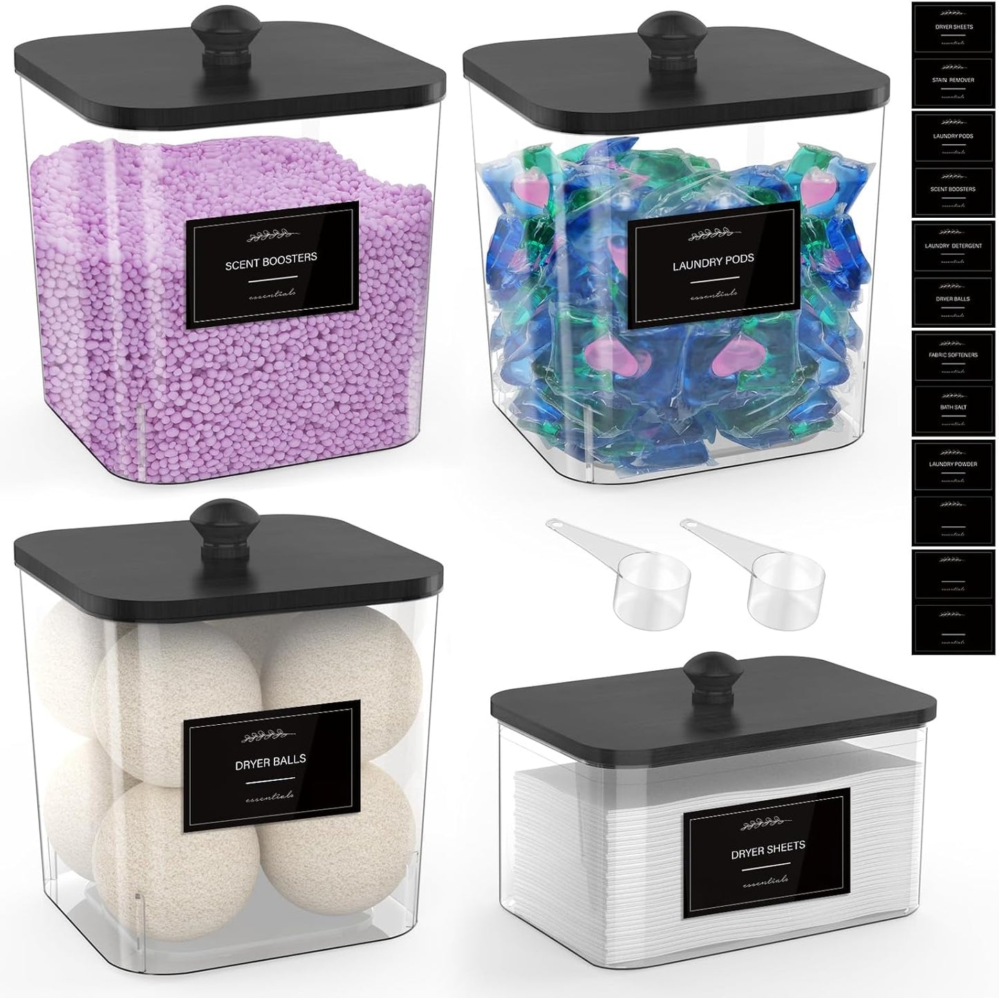 COAZEX 3+1 Pack Clear Laundry Pods Container & Dryer Sheet Holder, Plastic Square Laundry Room Organization and Storage Jars with Black Lids, Scoops & Labels for Detergent, Powder, Dryer Balls