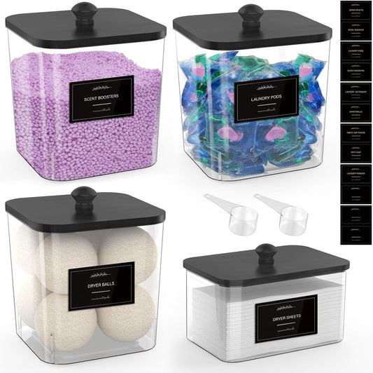 COAZEX 3+1 Pack Clear Laundry Pods Container & Dryer Sheet Holder, Plastic Square Laundry Room Organization and Storage Jars with Black Lids, Scoops & Labels for Detergent, Powder, Dryer Balls