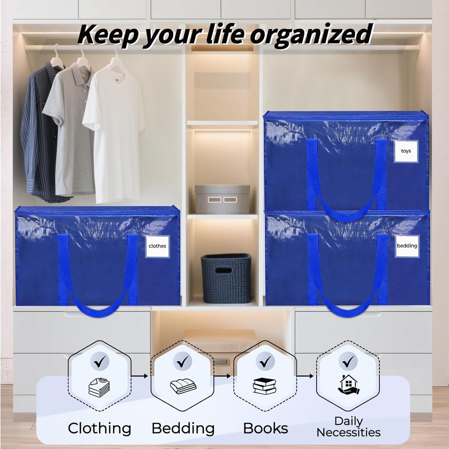 8 Pack Extra Large Heavy Duty Moving Bags, Blue Storage Bins with Lids, Reinforced Handles & Heavy-Duty Zippers Moving Boxes Storage Bags Totes for Clothes Packing, Dorms, College Supplies, Blue